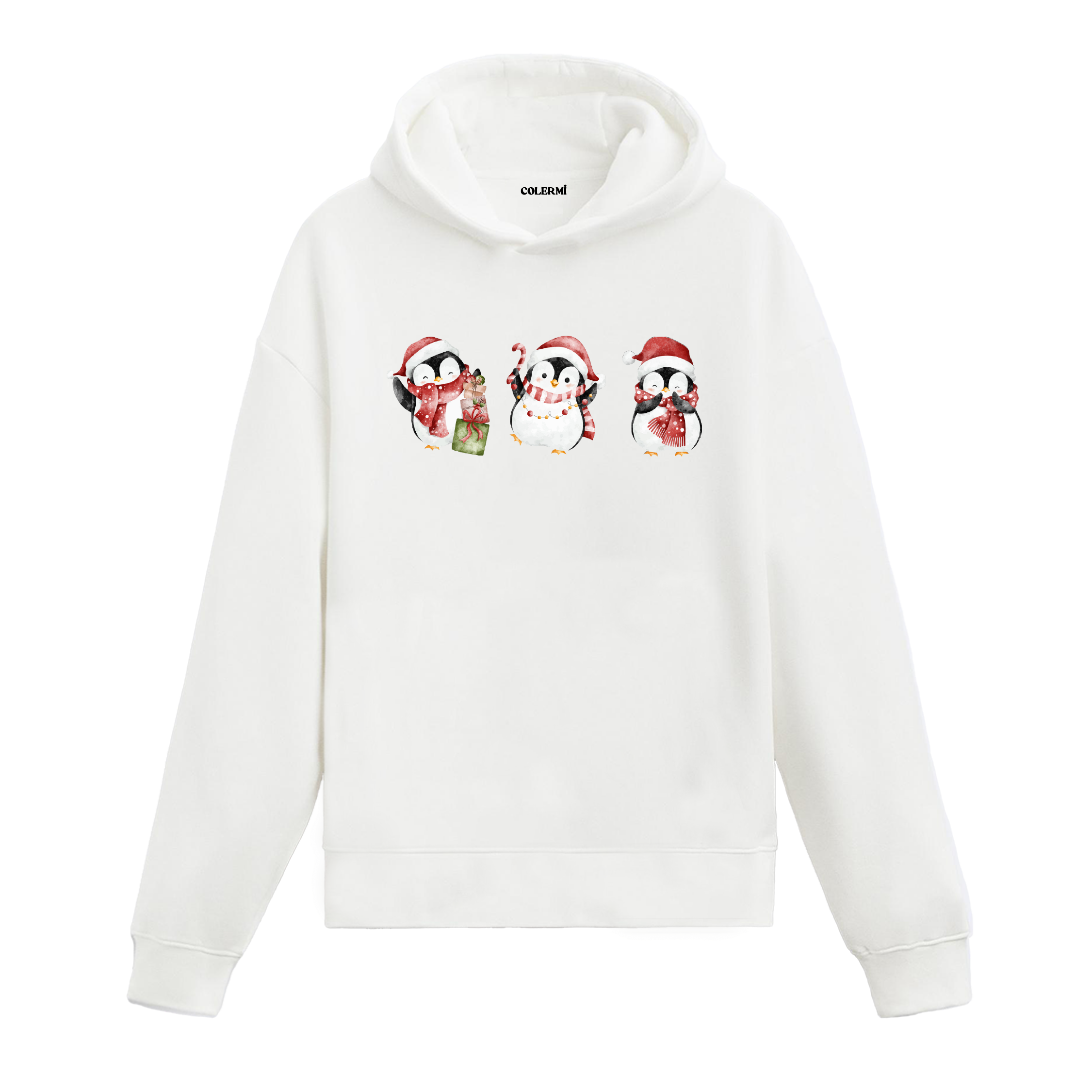 Beyaz hoodie, hediye ve baston şeker detaylı üç penguen baskısı, pamuklu unisex hoodie