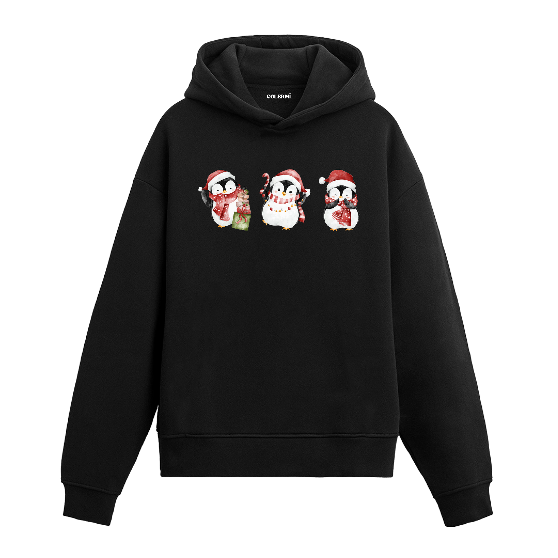 Siyah hoodie, Noel şapkalı ve atkılı üç penguen baskısı, pamuklu unisex hoodie