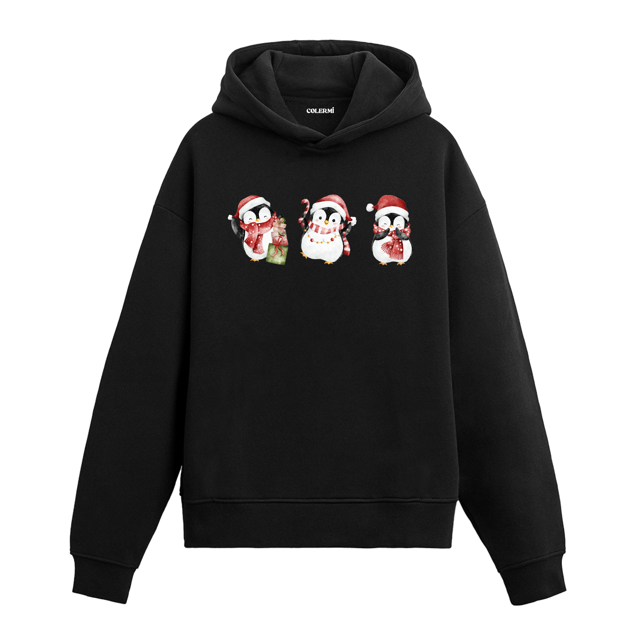 Siyah hoodie, Noel şapkalı ve atkılı üç penguen baskısı, pamuklu unisex hoodie