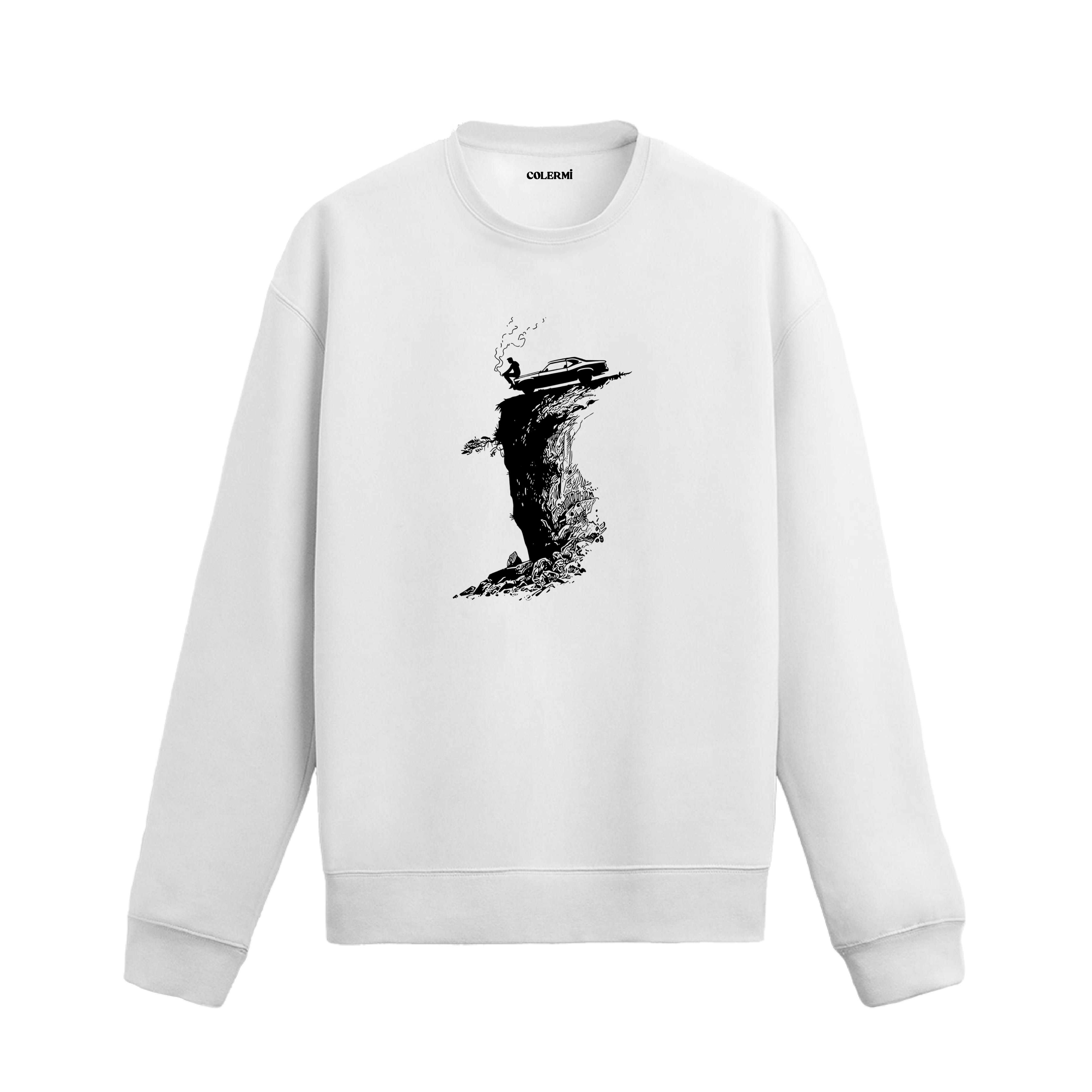 Uçurumun kenarında arabasıyla duran figürün yer aldığı Colermi sweatshirt.