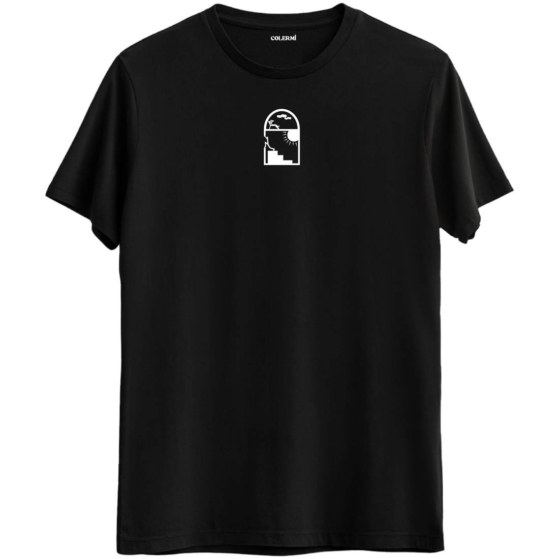 Ufka açılan pencere ve merdiven tasarımlı siyah Bisiklet Yaka T-Shirt.