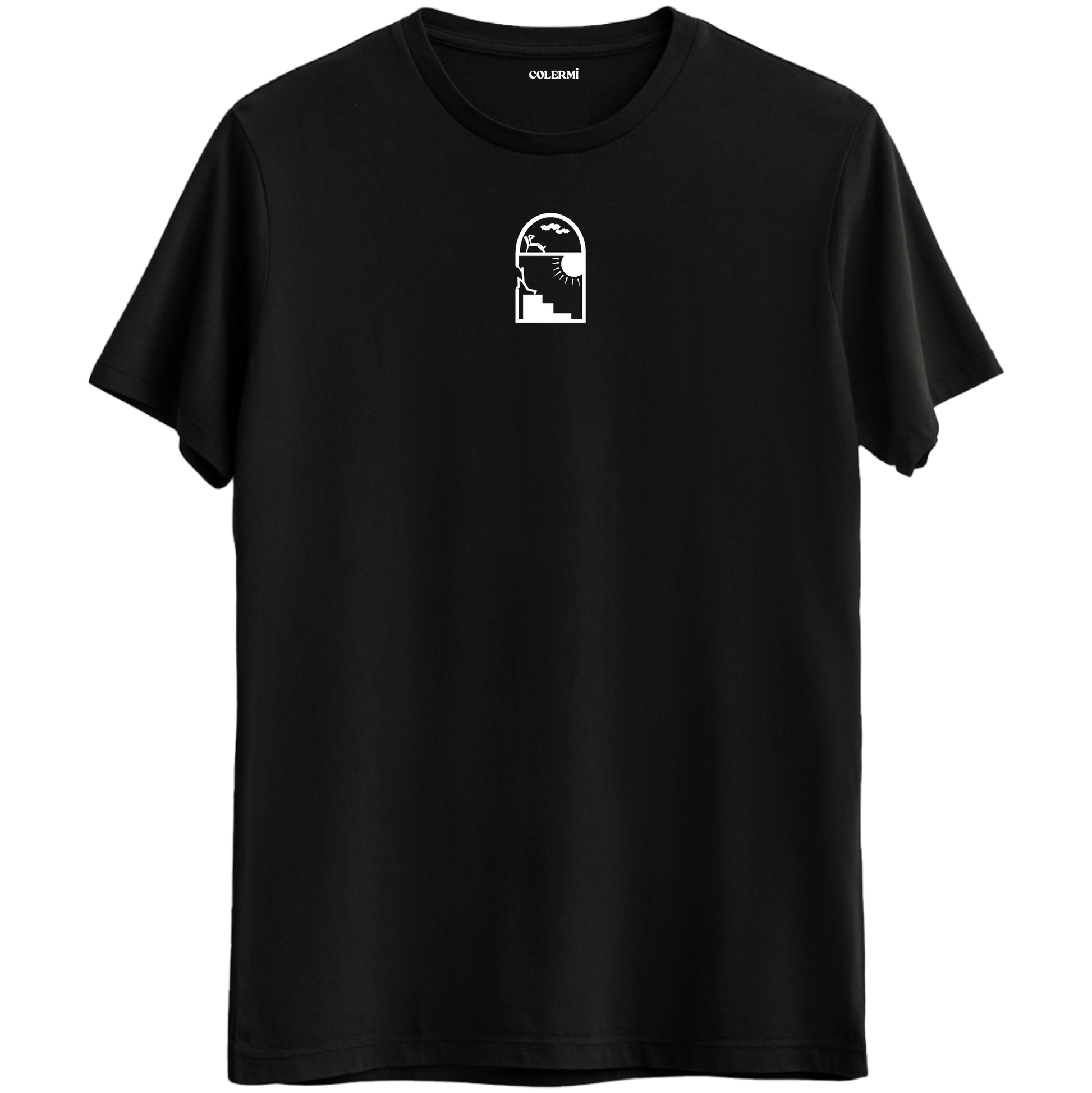 Ufka açılan pencere ve merdiven tasarımlı siyah Bisiklet Yaka T-Shirt.