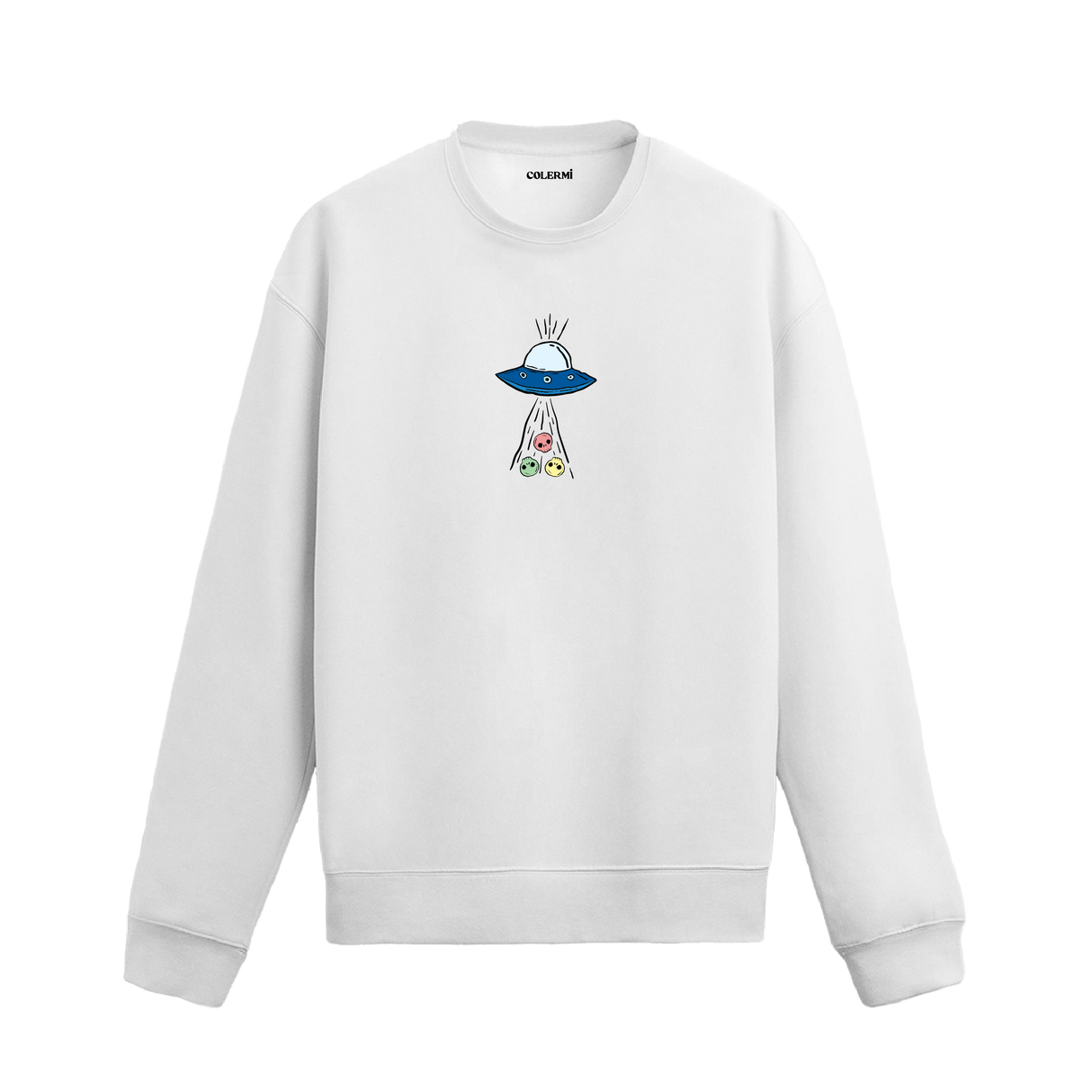 UFO’nun ışınlarıyla üç farklı surat figürünü çektiği uzay temalı Colermi sweatshirt tasarımı.