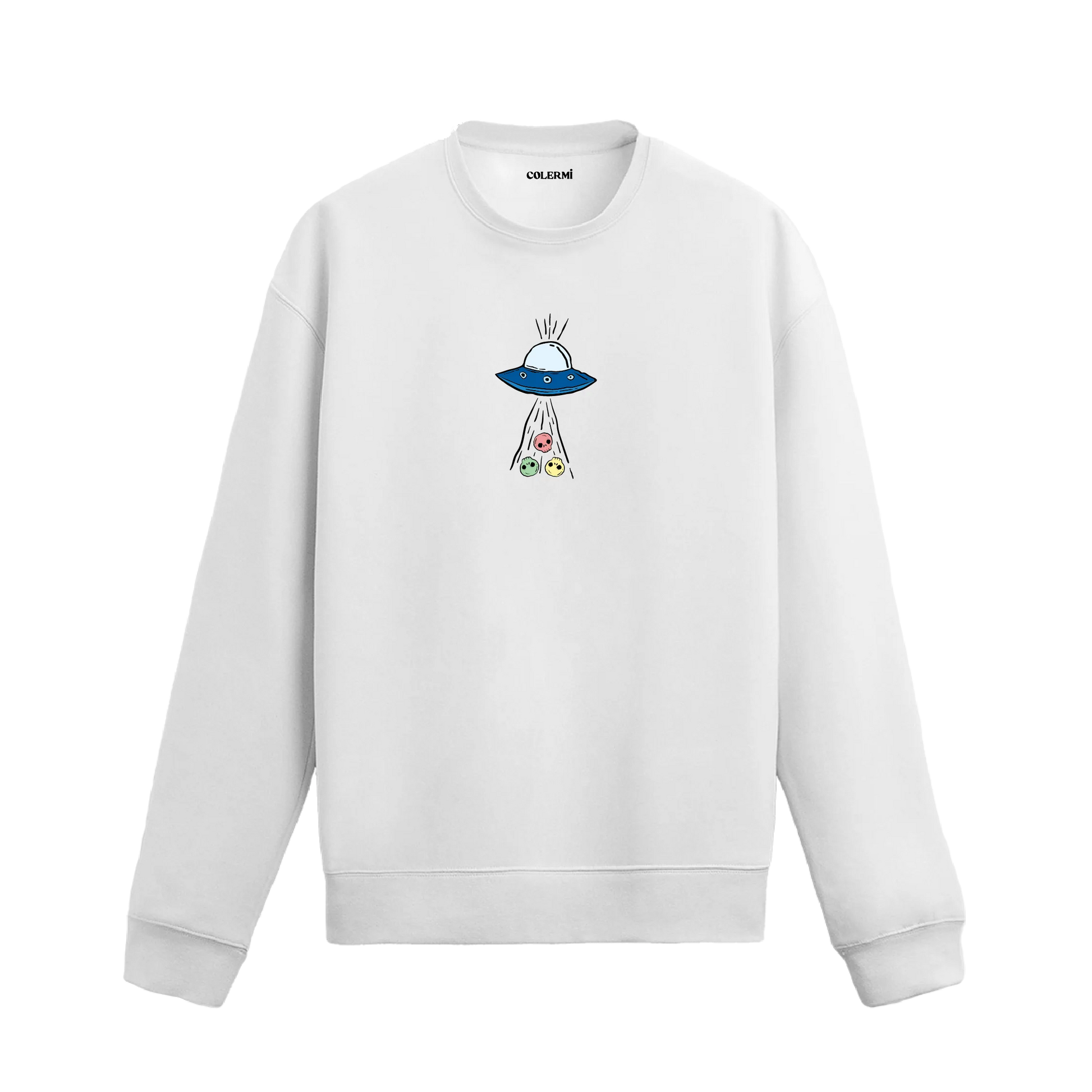 UFO’nun ışınlarıyla üç farklı surat figürünü çektiği uzay temalı Colermi sweatshirt tasarımı.