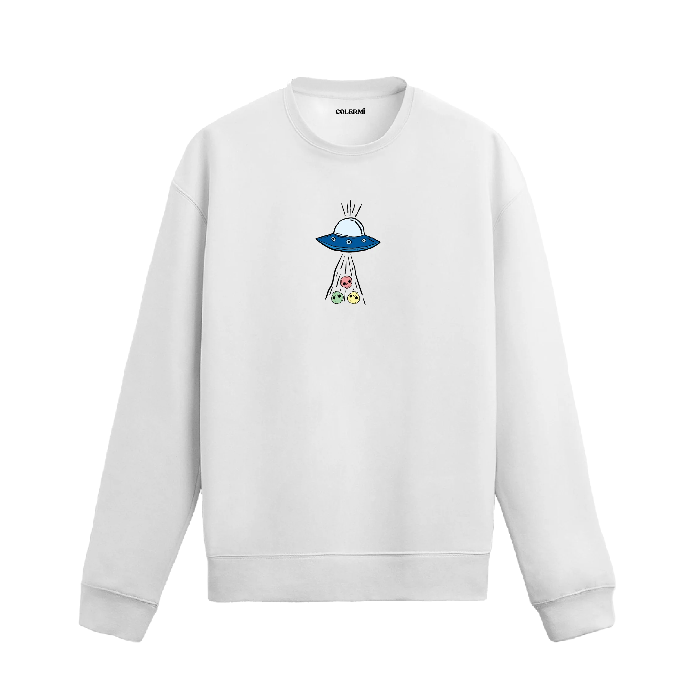 UFO’nun ışınlarıyla üç farklı surat figürünü çektiği uzay temalı Colermi sweatshirt tasarımı.
