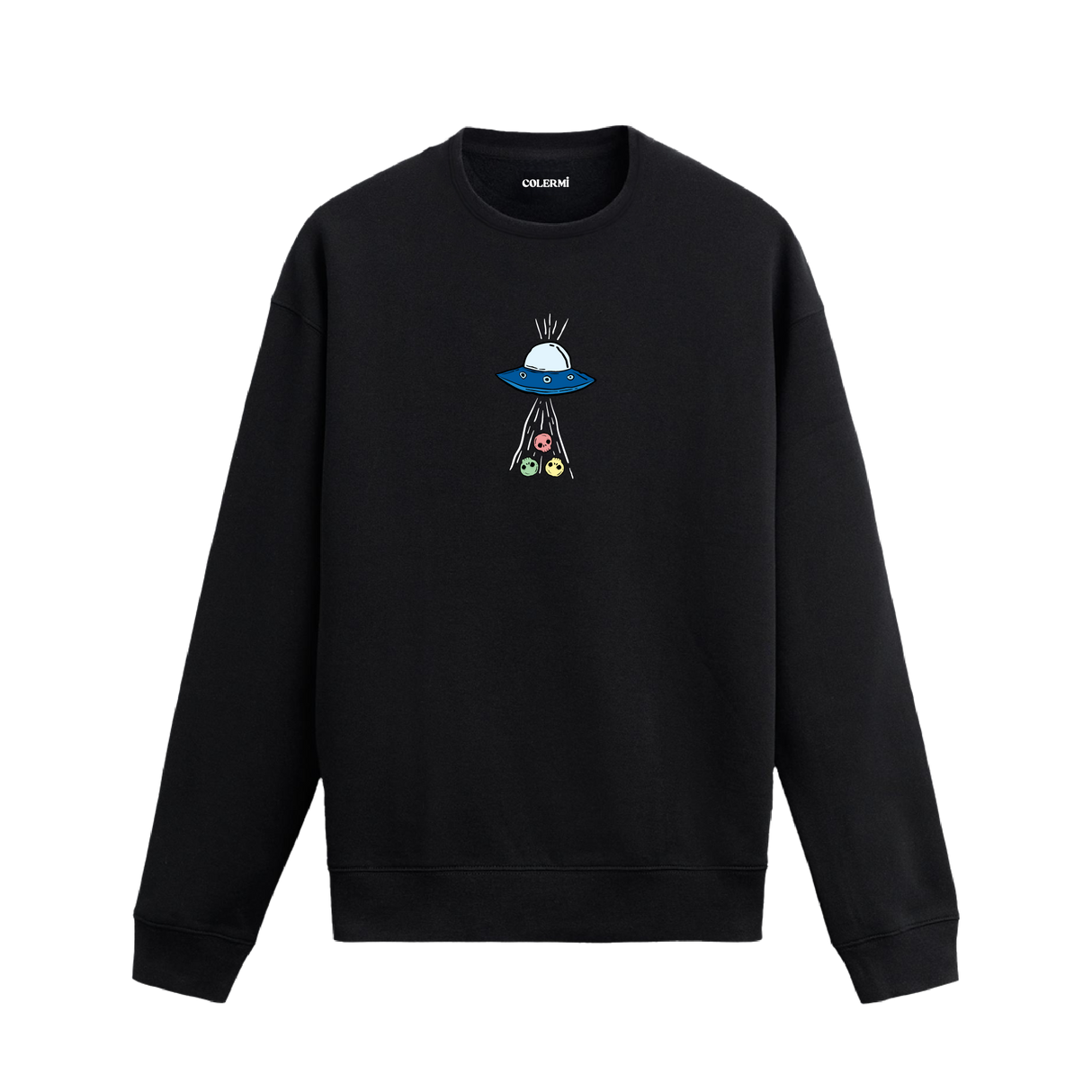 UFO’nun ışınlarıyla üç farklı surat figürünü çektiği uzay temalı Colermi sweatshirt tasarımı.