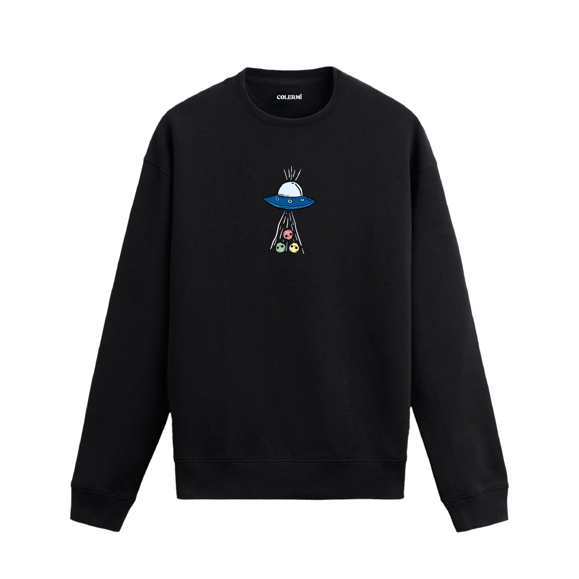 UFO’nun ışınlarıyla üç farklı surat figürünü çektiği uzay temalı Colermi sweatshirt tasarımı.