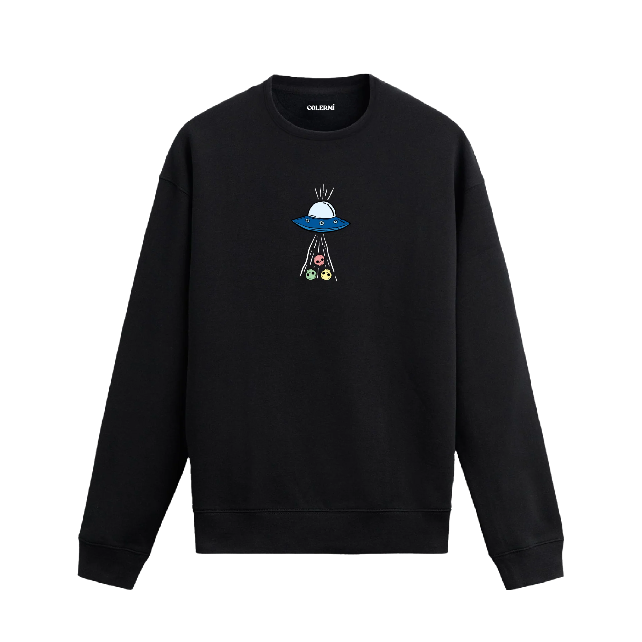 UFO’nun ışınlarıyla üç farklı surat figürünü çektiği uzay temalı Colermi sweatshirt tasarımı.