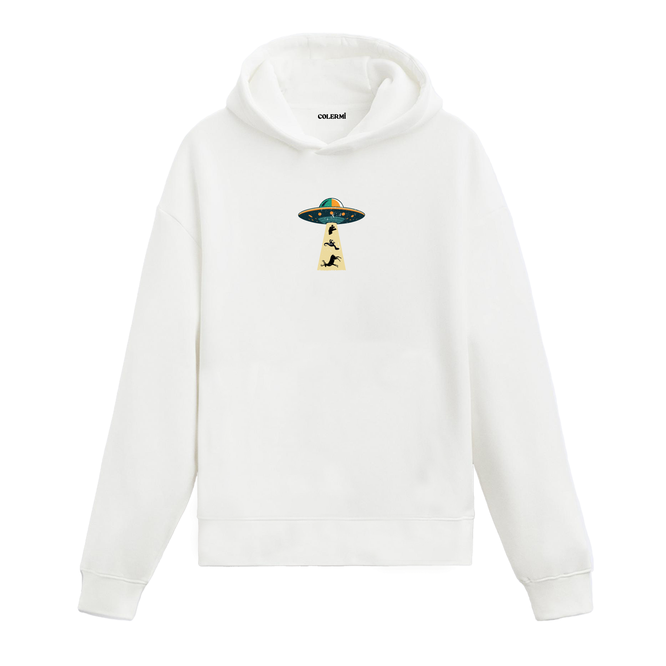 Beyaz hoodie, uzay temalı Ufo ışın baskısı, pamuklu unisex hoodie