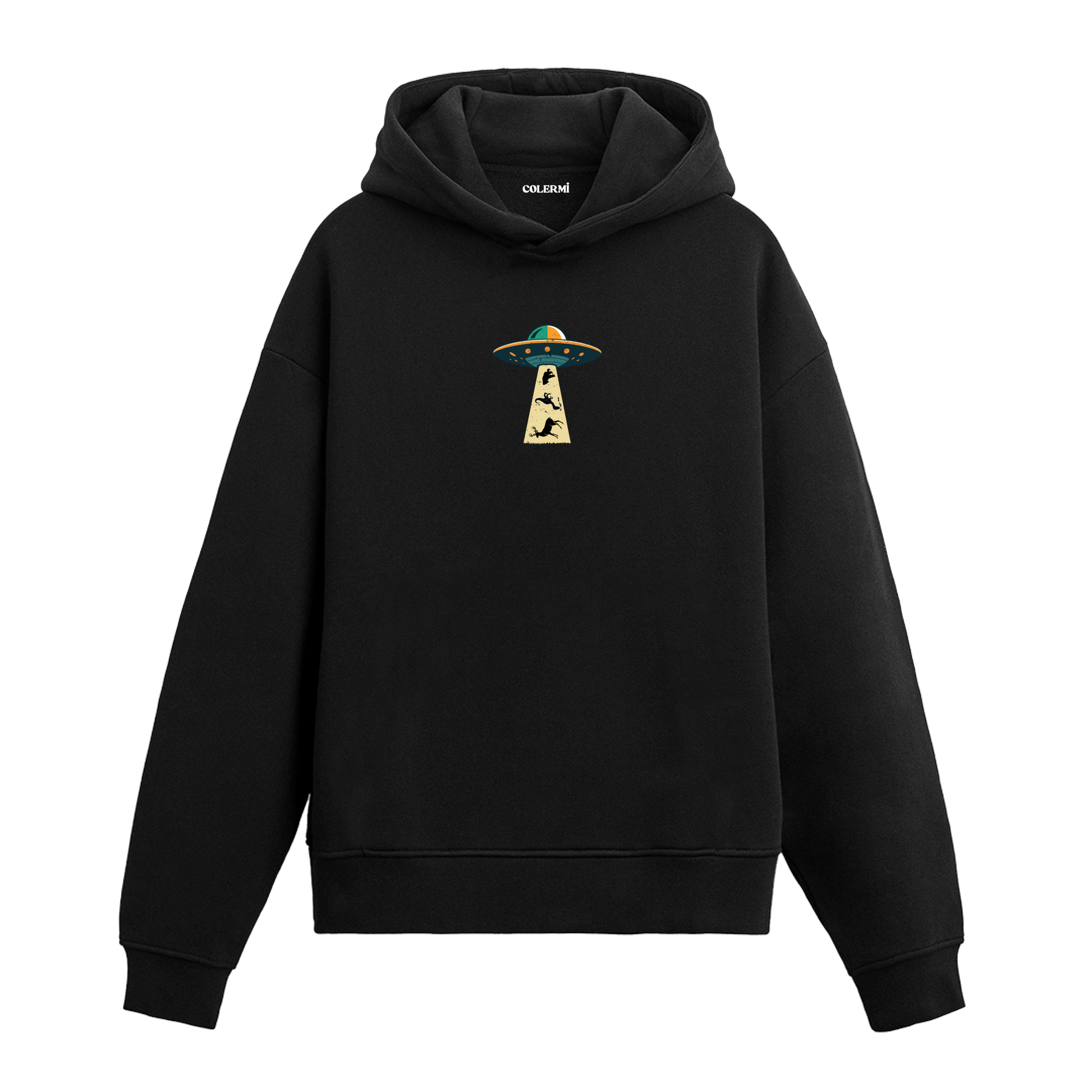 Siyah hoodie, Ufo ışın tasarımıyla insan kaçırma baskısı, pamuklu unisex hoodie
