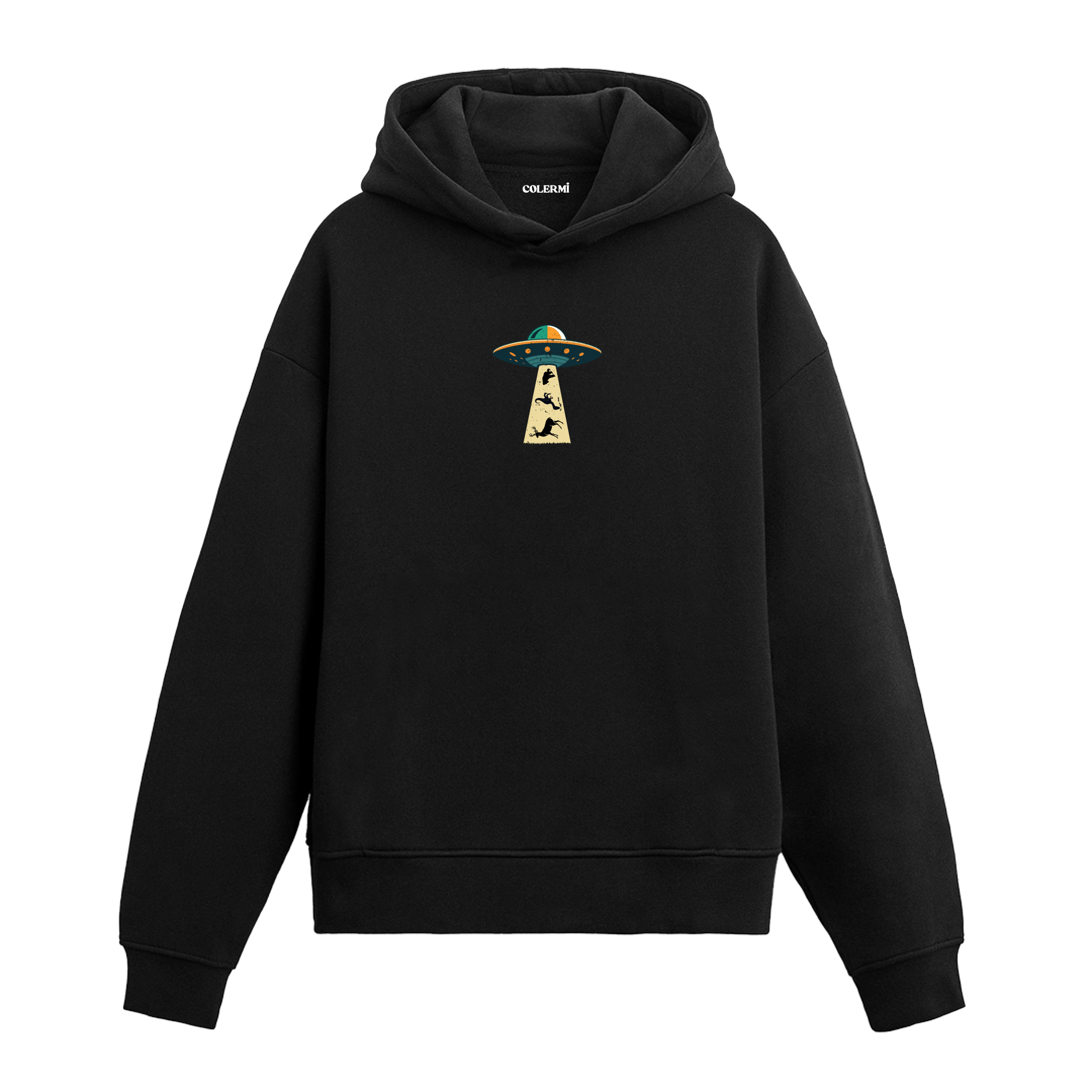 Siyah hoodie, Ufo ışın tasarımıyla insan kaçırma baskısı, pamuklu unisex hoodie