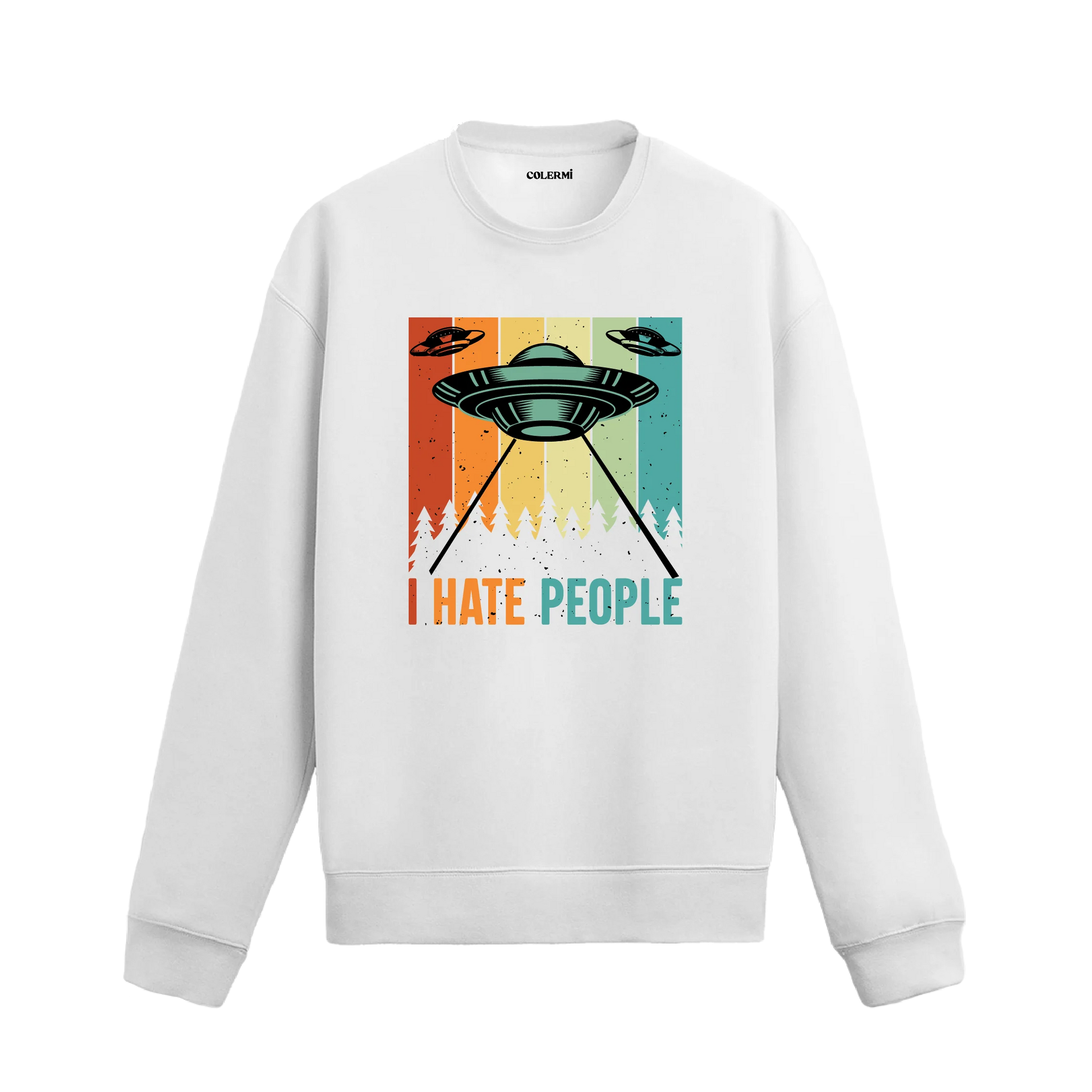 UFO baskılı, retro yazı temalı uzay konseptli sweatshirt tasarımı.