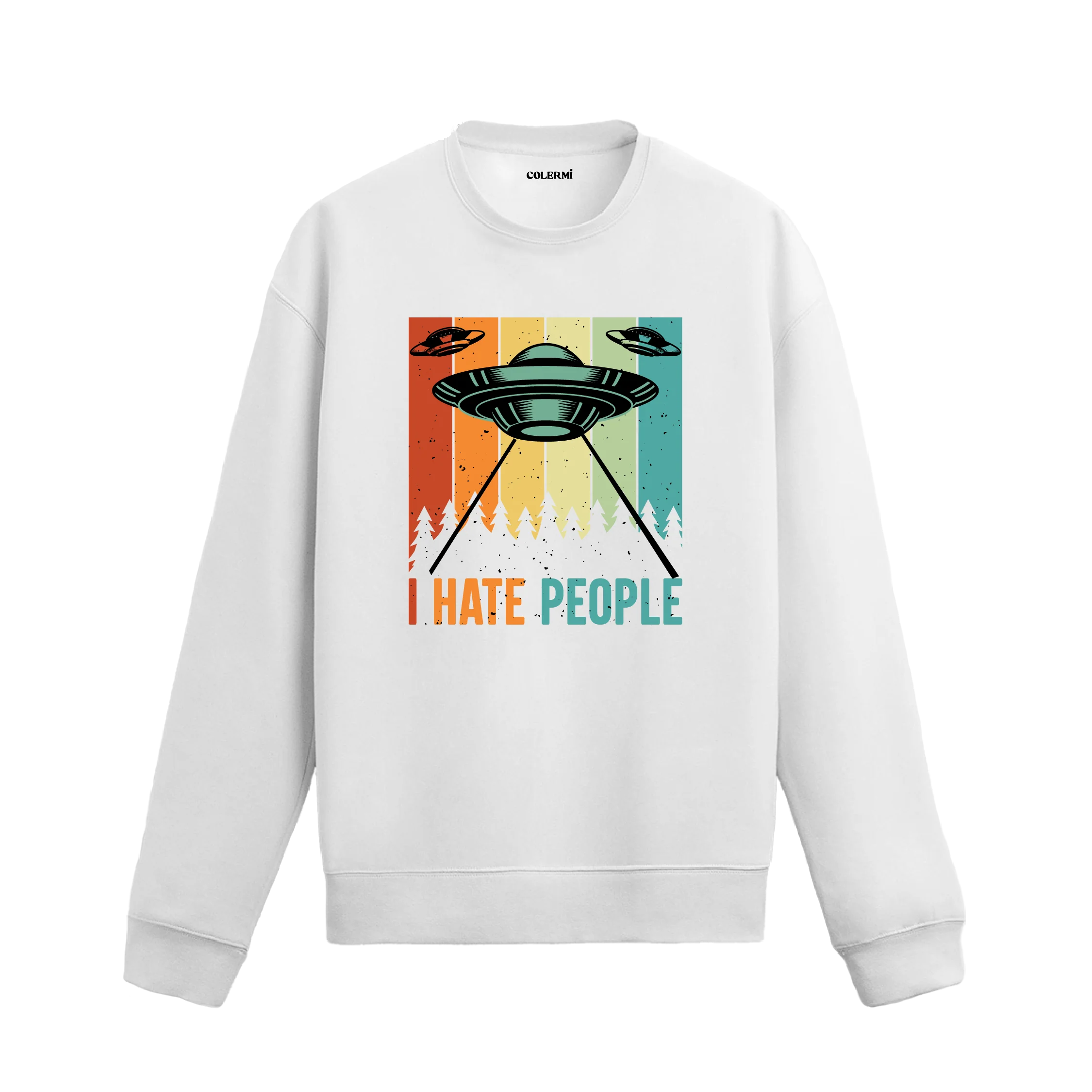 UFO baskılı, retro yazı temalı uzay konseptli sweatshirt tasarımı.
