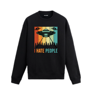 UFO baskılı, retro yazı temalı uzay konseptli sweatshirt tasarımı.