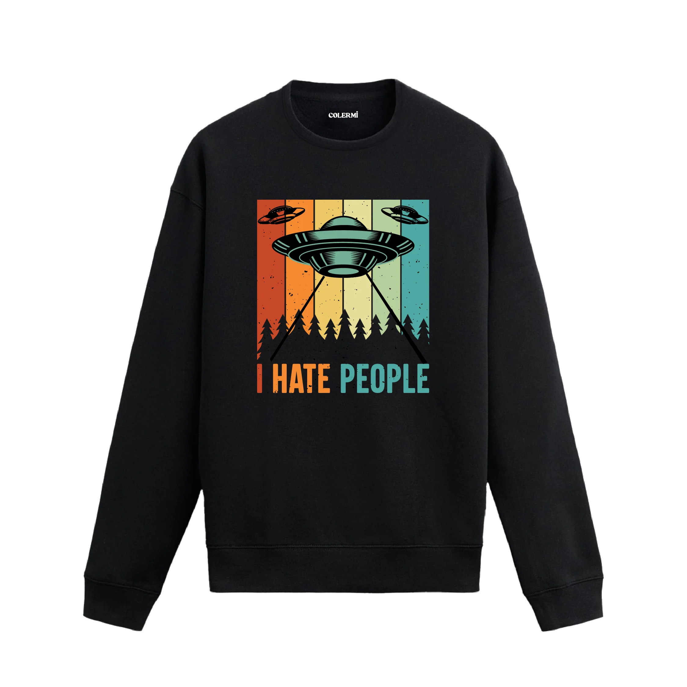 UFO baskılı, retro yazı temalı uzay konseptli sweatshirt tasarımı.