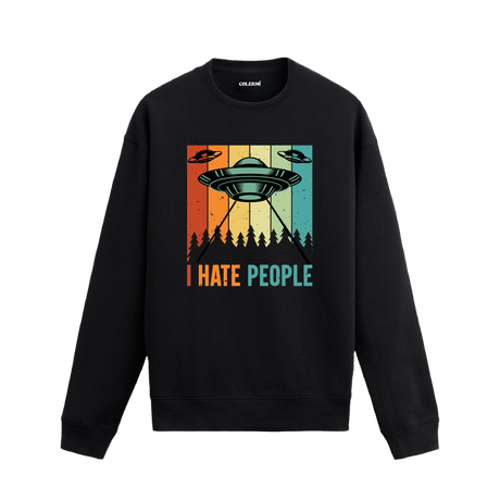 UFO baskılı, retro yazı temalı uzay konseptli sweatshirt tasarımı.