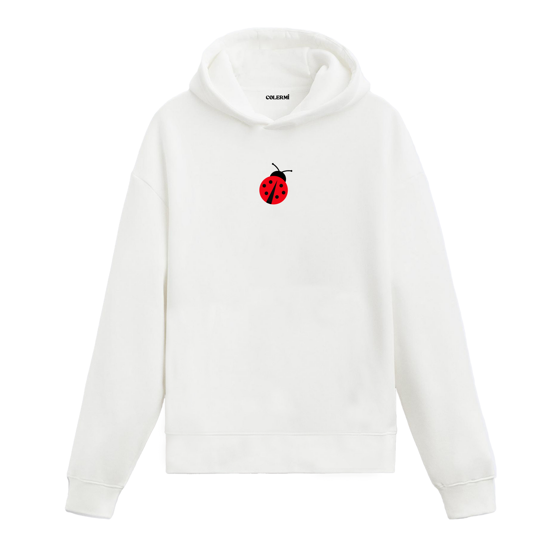 Beyaz hoodie, uğur böceği minimal baskı, zarif pamuklu hoodie