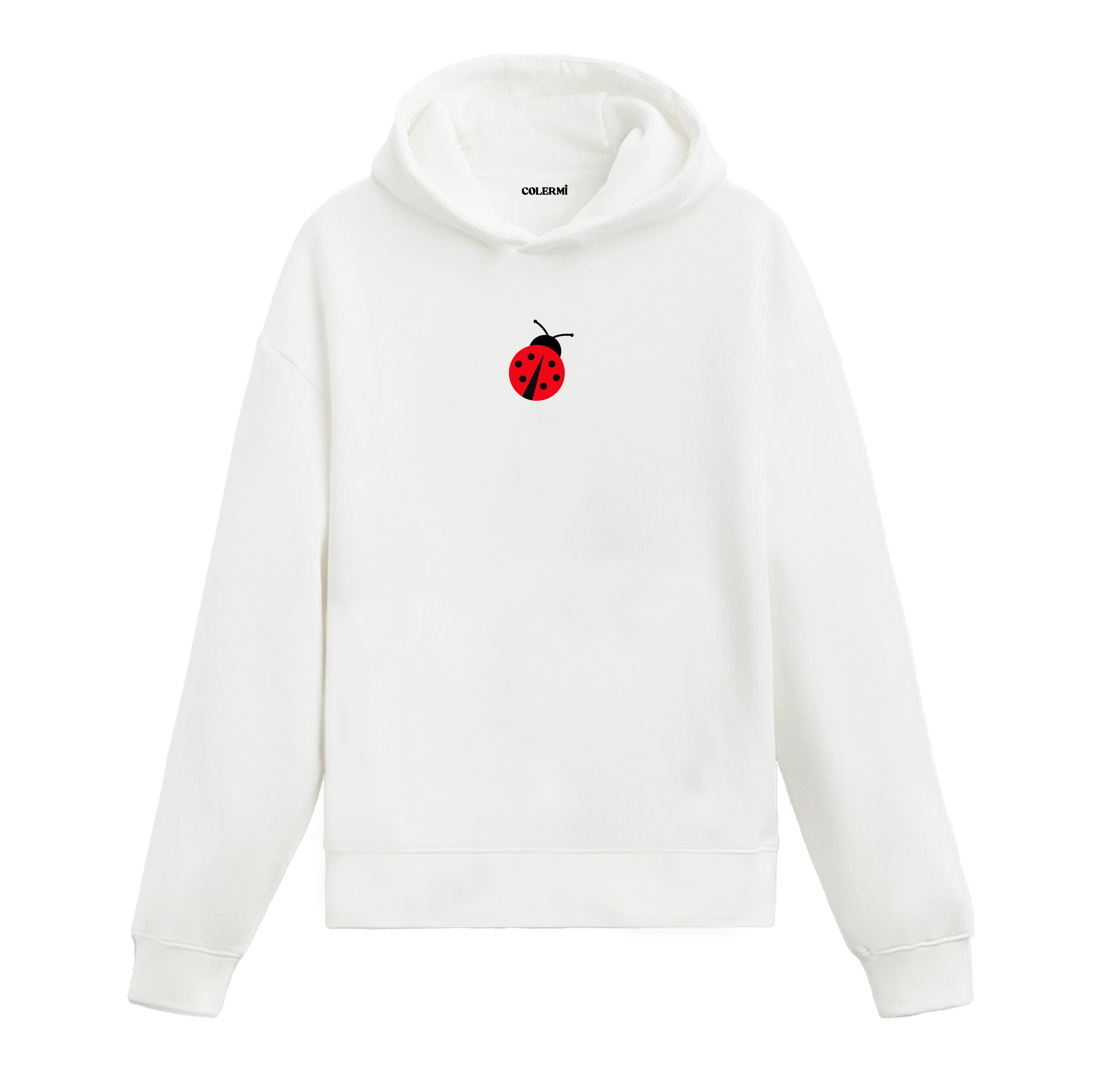 Beyaz hoodie, uğur böceği minimal baskı, zarif pamuklu hoodie