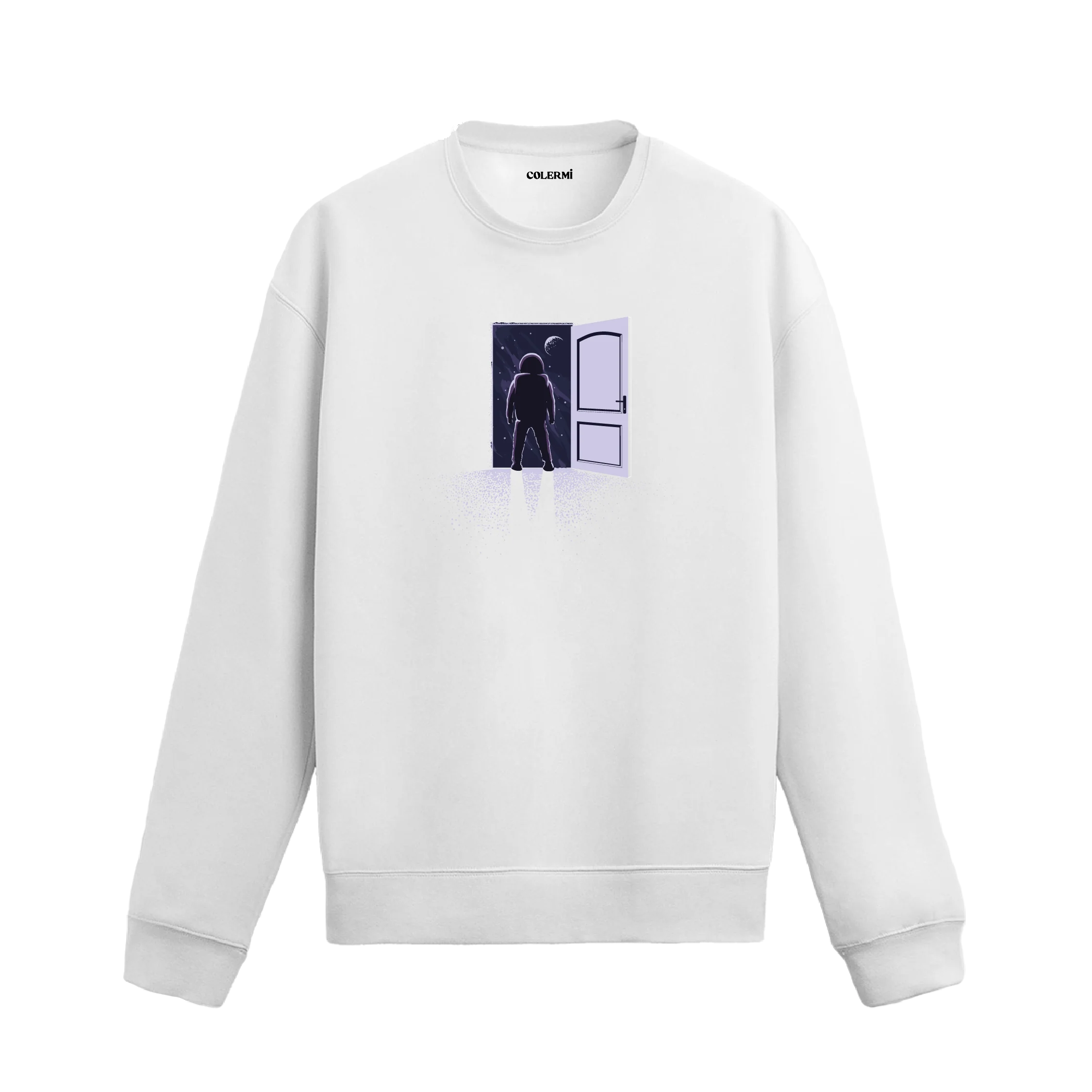 Açık bir kapının önünde uzaya doğru bakan bir astronot figürlü sweatshirt tasarımı.