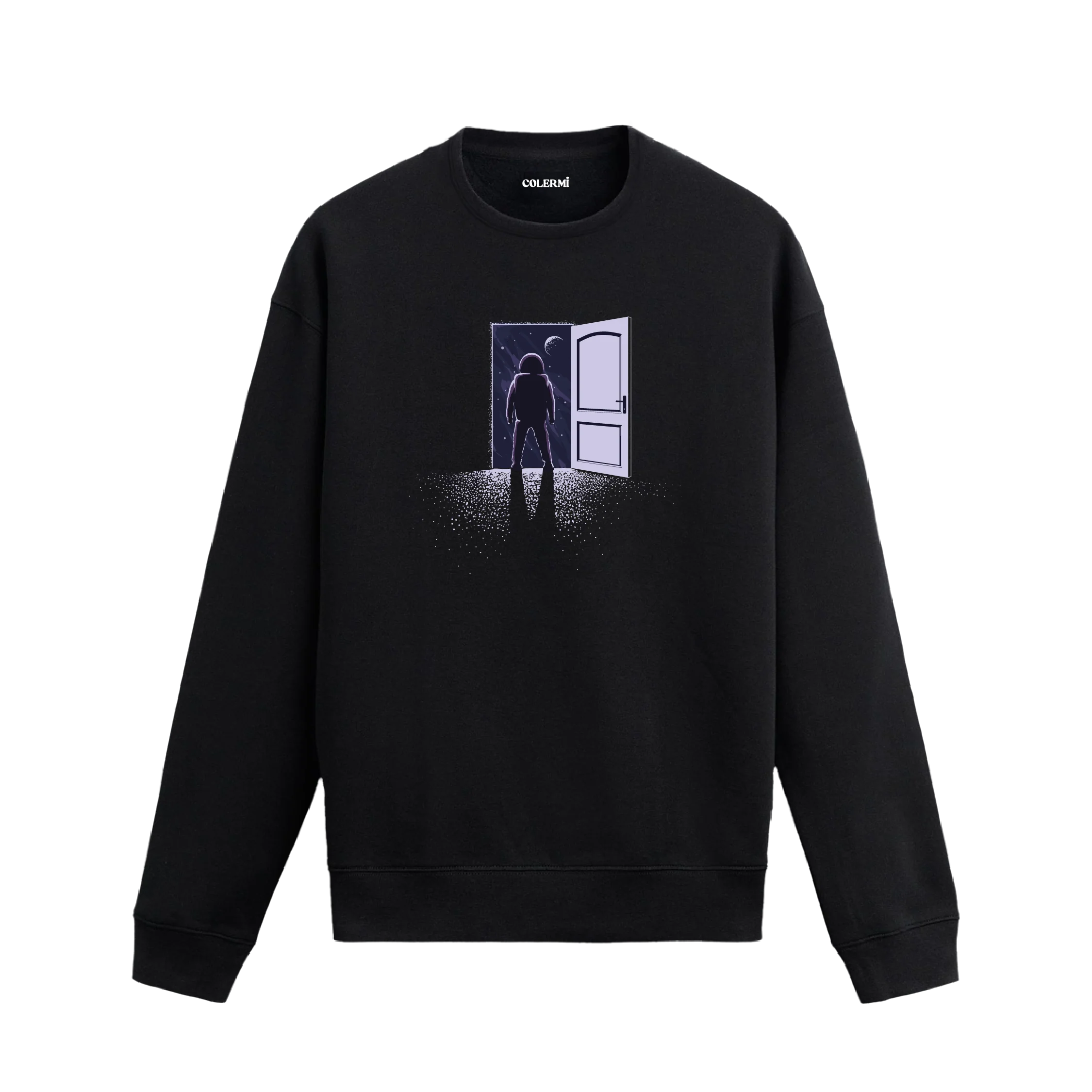 Açık bir kapının önünde uzaya doğru bakan bir astronot figürlü sweatshirt tasarımı.