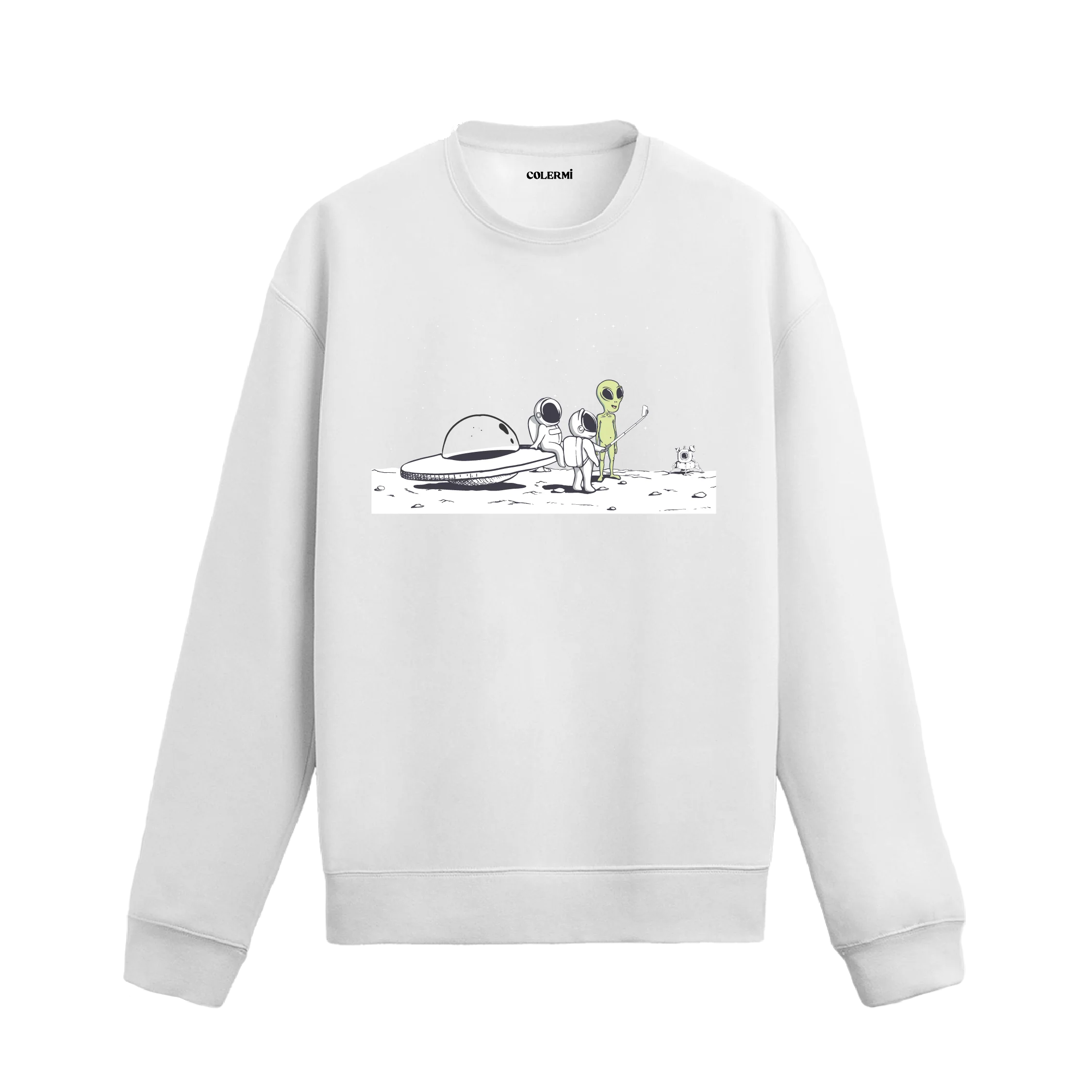 Ay yüzeyinde uzaylıyla karşılaşan ve selfie çeken astronotların bulunduğu eğlenceli tasarımlı sweatshirt.