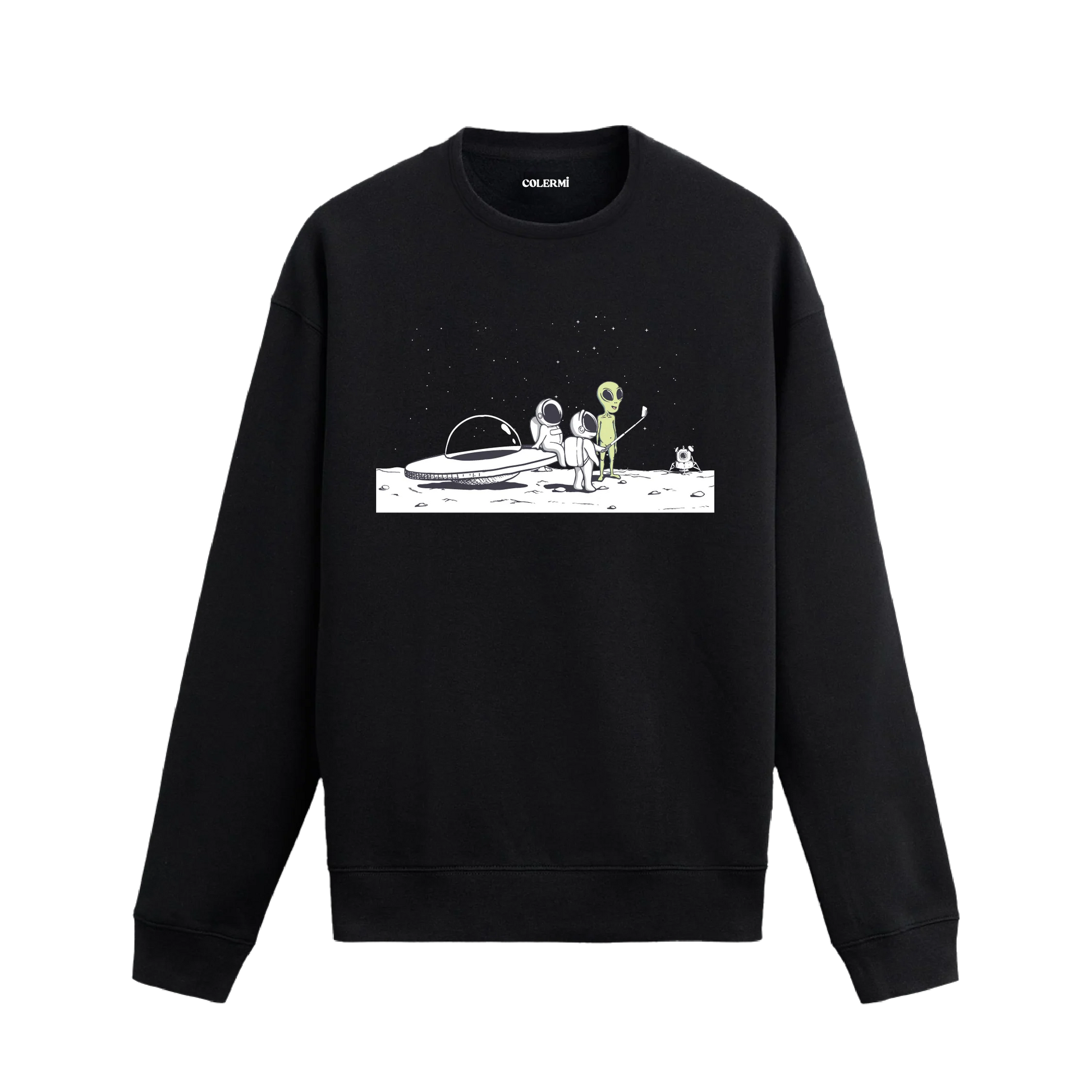 Ay yüzeyinde uzaylıyla karşılaşan ve selfie çeken astronotların bulunduğu eğlenceli tasarımlı sweatshirt.