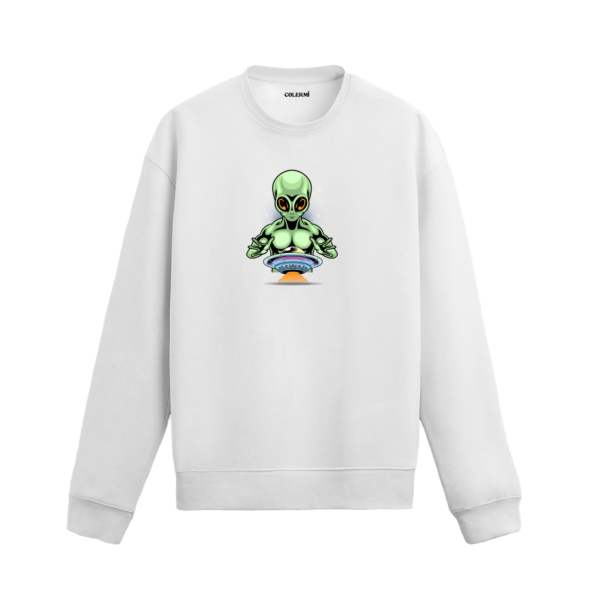 Sweatshirt üzerinde uzaylı figürü ve uçan daire baskısı bulunan Colermi tasarımı