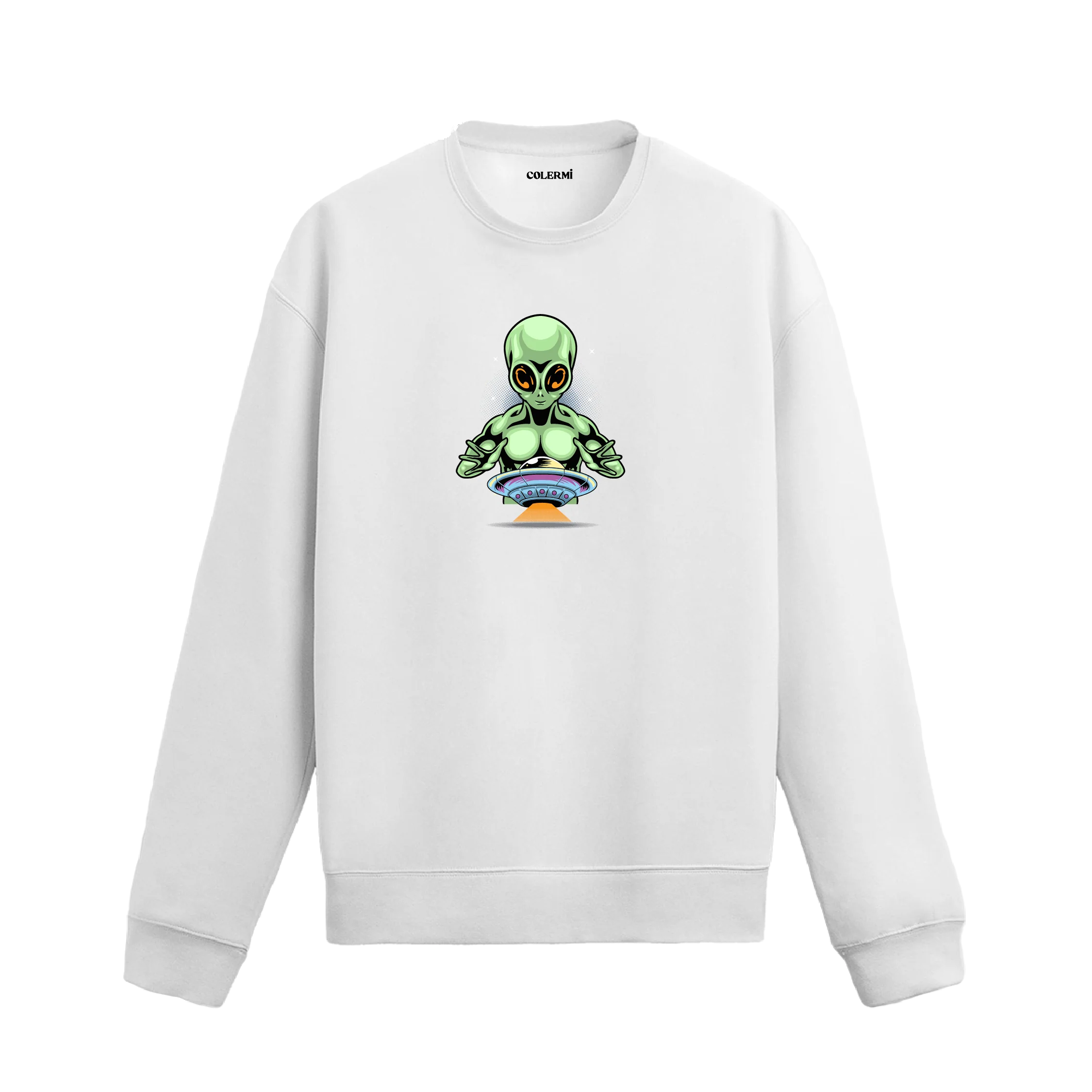 Sweatshirt üzerinde uzaylı figürü ve uçan daire baskısı bulunan Colermi tasarımı