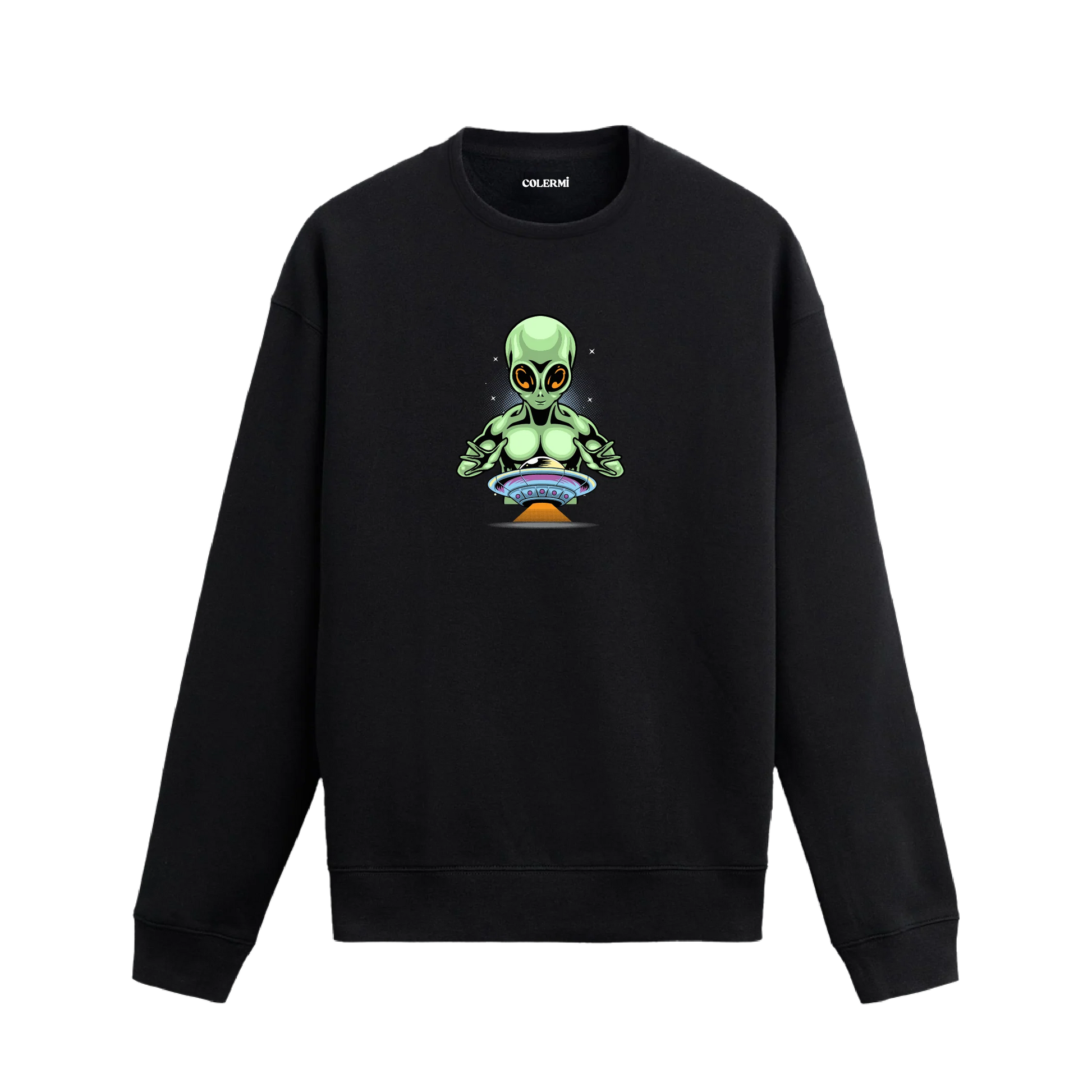 Sweatshirt üzerinde uzaylı figürü ve uçan daire baskısı bulunan Colermi tasarımı