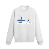 Ay yüzeyinde uzay gemisiyle gelen uzaylı polisi ve iki astronotu gösteren eğlenceli uzay temalı sweatshirt tasarımı.
