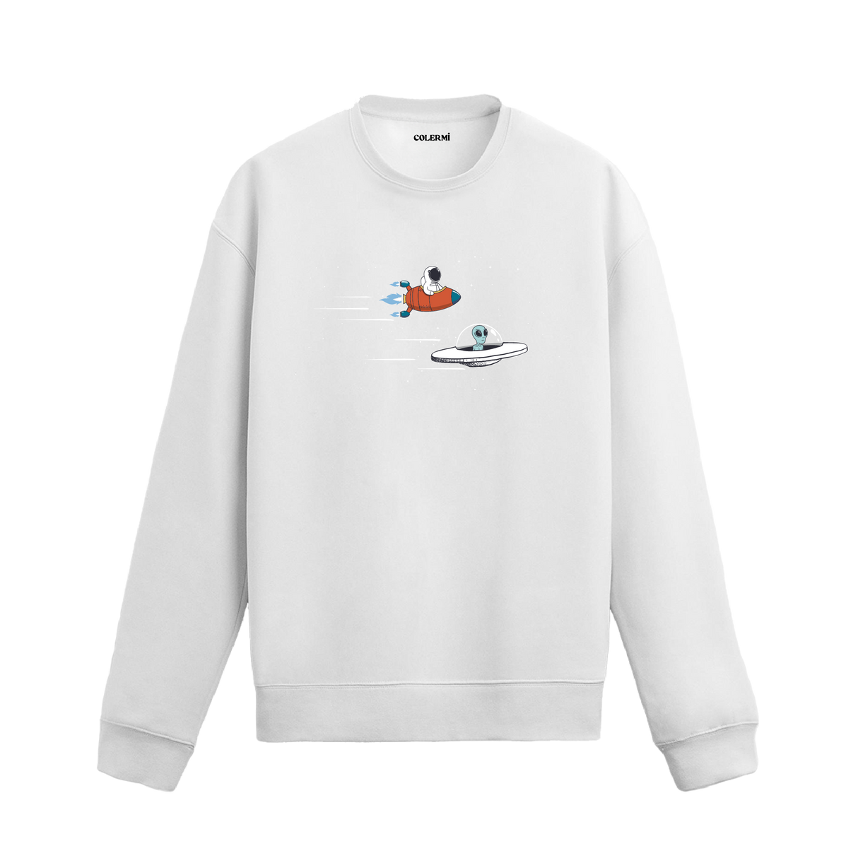 Astronot ve uzaylının araçlarıyla uzayda yarıştığı mizahi sweatshirt tasarımı