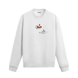 Astronot ve uzaylının araçlarıyla uzayda yarıştığı mizahi sweatshirt tasarımı