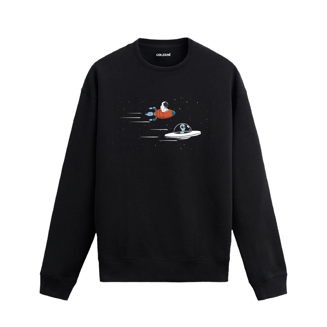 Astronot ve uzaylının araçlarıyla uzayda yarıştığı mizahi sweatshirt tasarımı