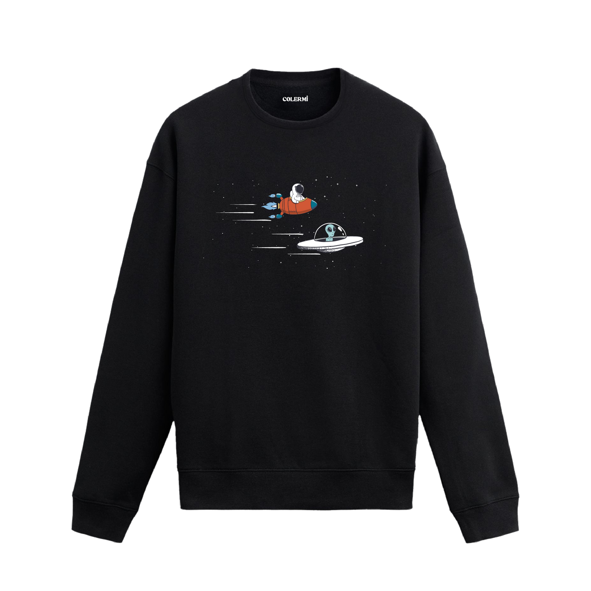 Astronot ve uzaylının araçlarıyla uzayda yarıştığı mizahi sweatshirt tasarımı