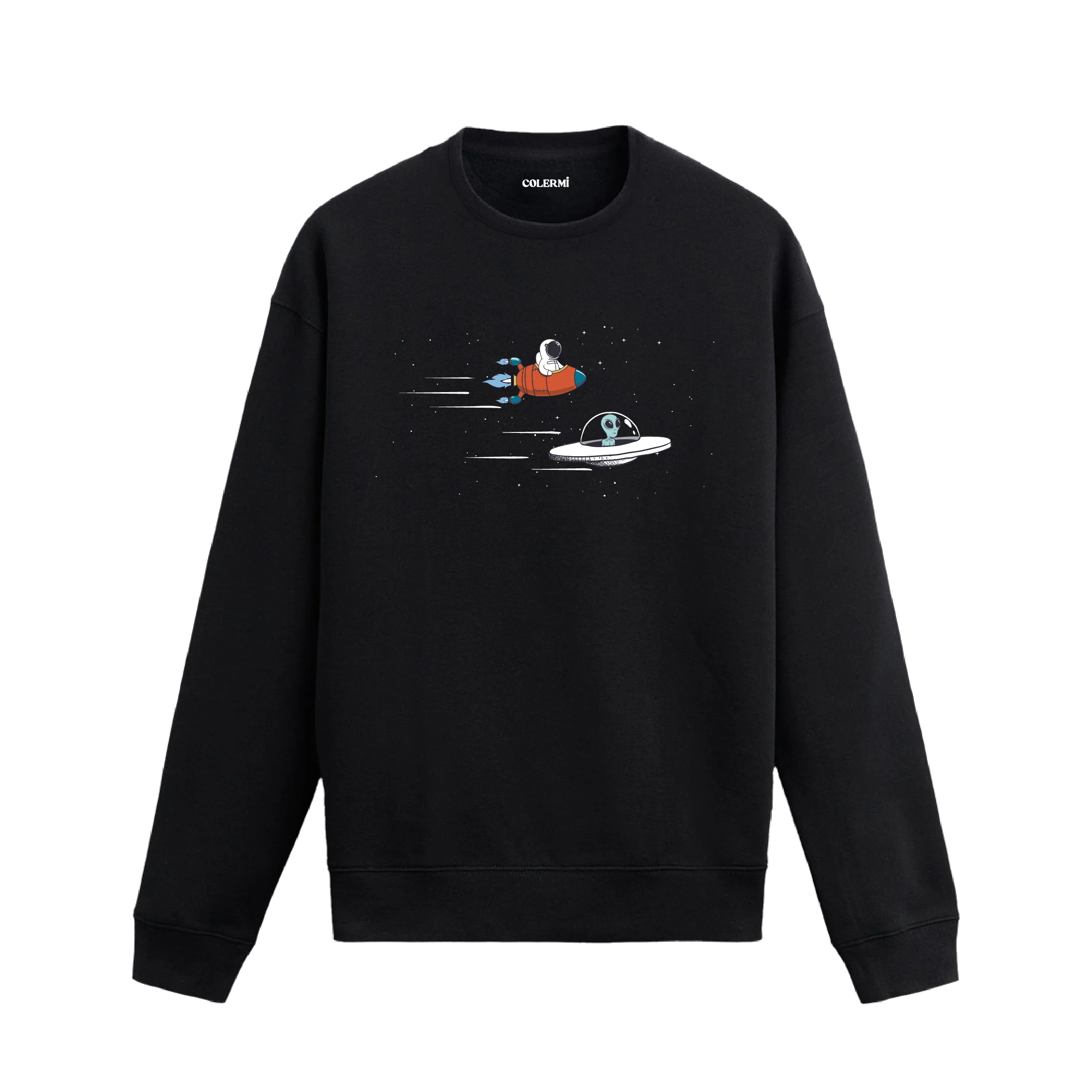 Astronot ve uzaylının araçlarıyla uzayda yarıştığı mizahi sweatshirt tasarımı