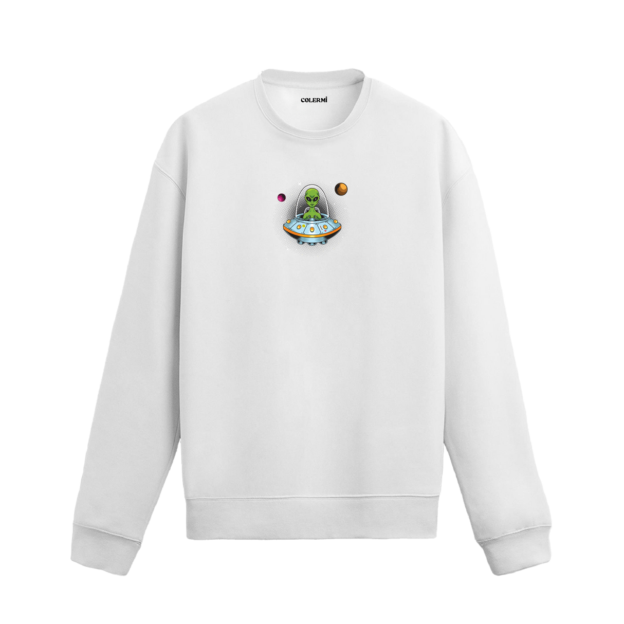 Uçan daire içinde uzaylı figürü bulunan eğlenceli Colermi sweatshirt tasarımı