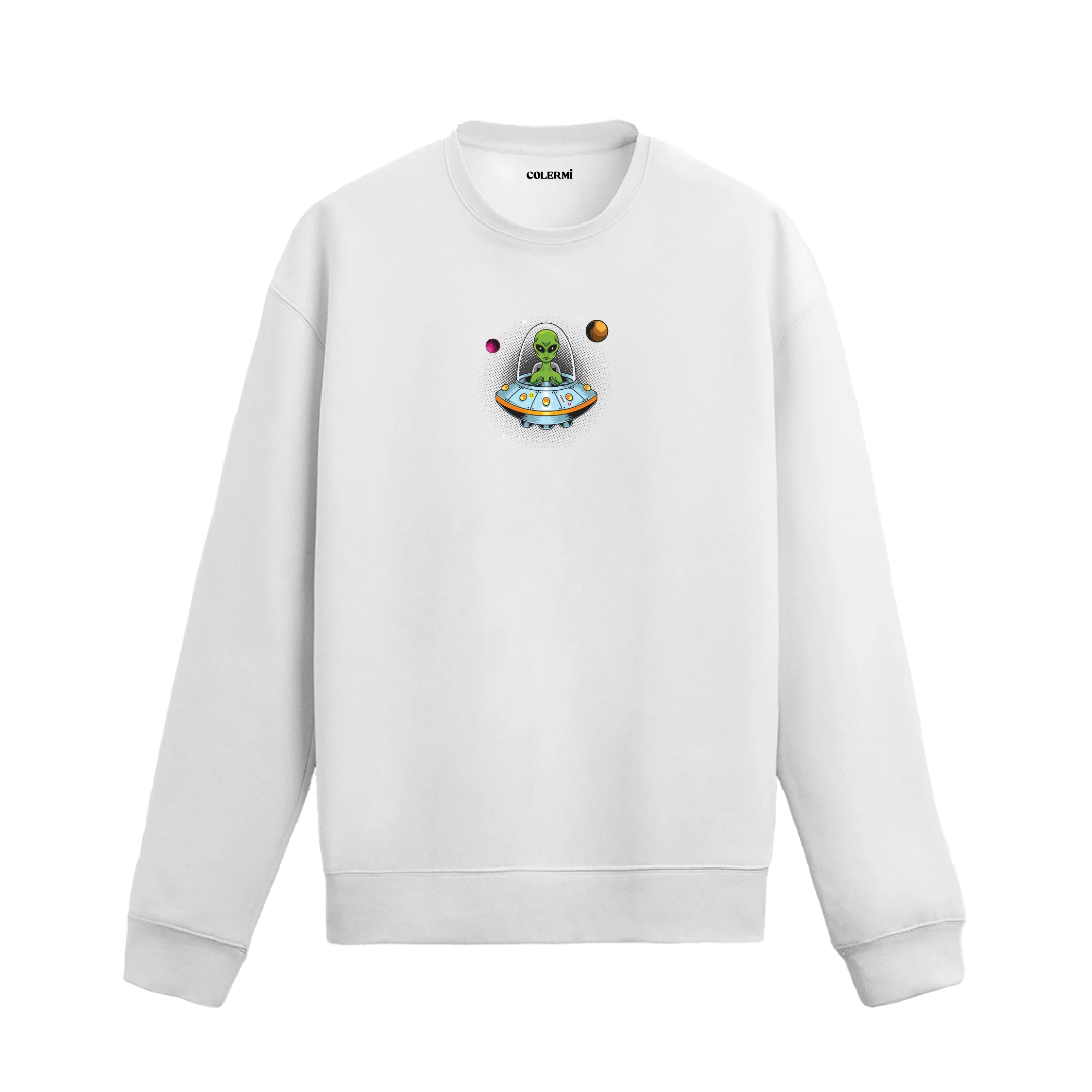 Uçan daire içinde uzaylı figürü bulunan eğlenceli Colermi sweatshirt tasarımı