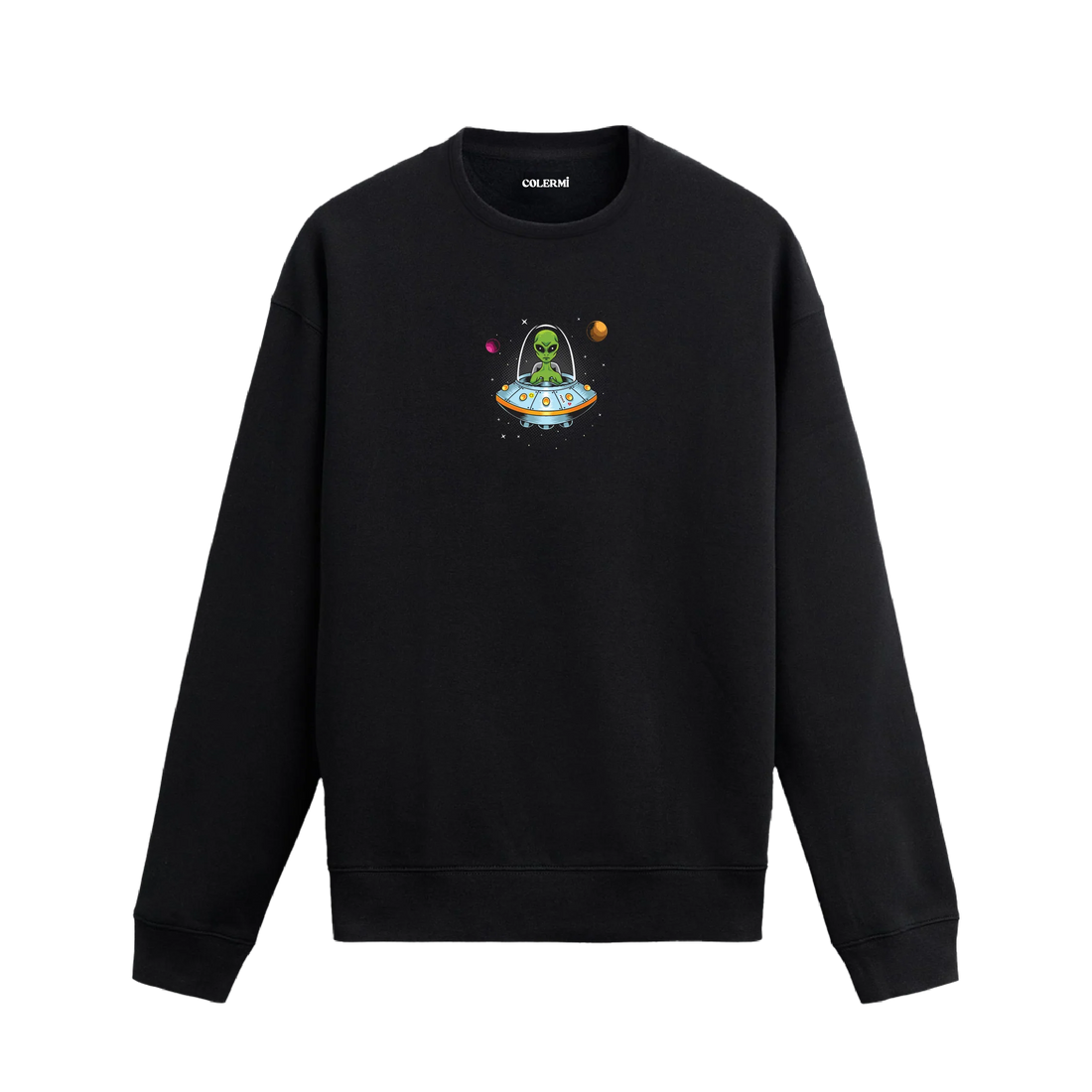 Uçan daire içinde uzaylı figürü bulunan eğlenceli Colermi sweatshirt tasarımı