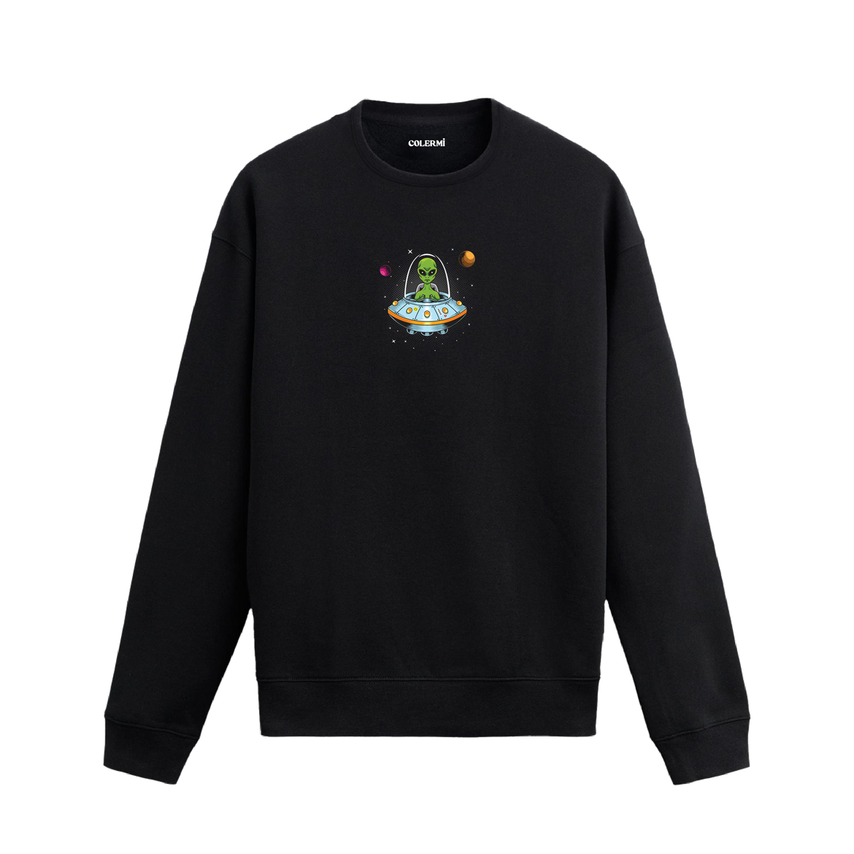 Uçan daire içinde uzaylı figürü bulunan eğlenceli Colermi sweatshirt tasarımı