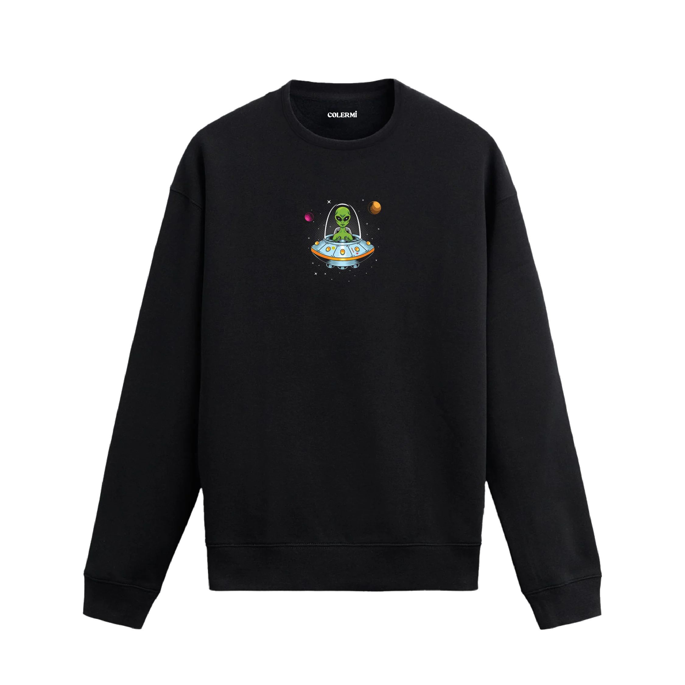 Uçan daire içinde uzaylı figürü bulunan eğlenceli Colermi sweatshirt tasarımı