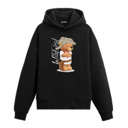 Geniş şapkalı, belinde silah kılıfı olan western temalı ayıcık baskılı hoodie tasarımı.