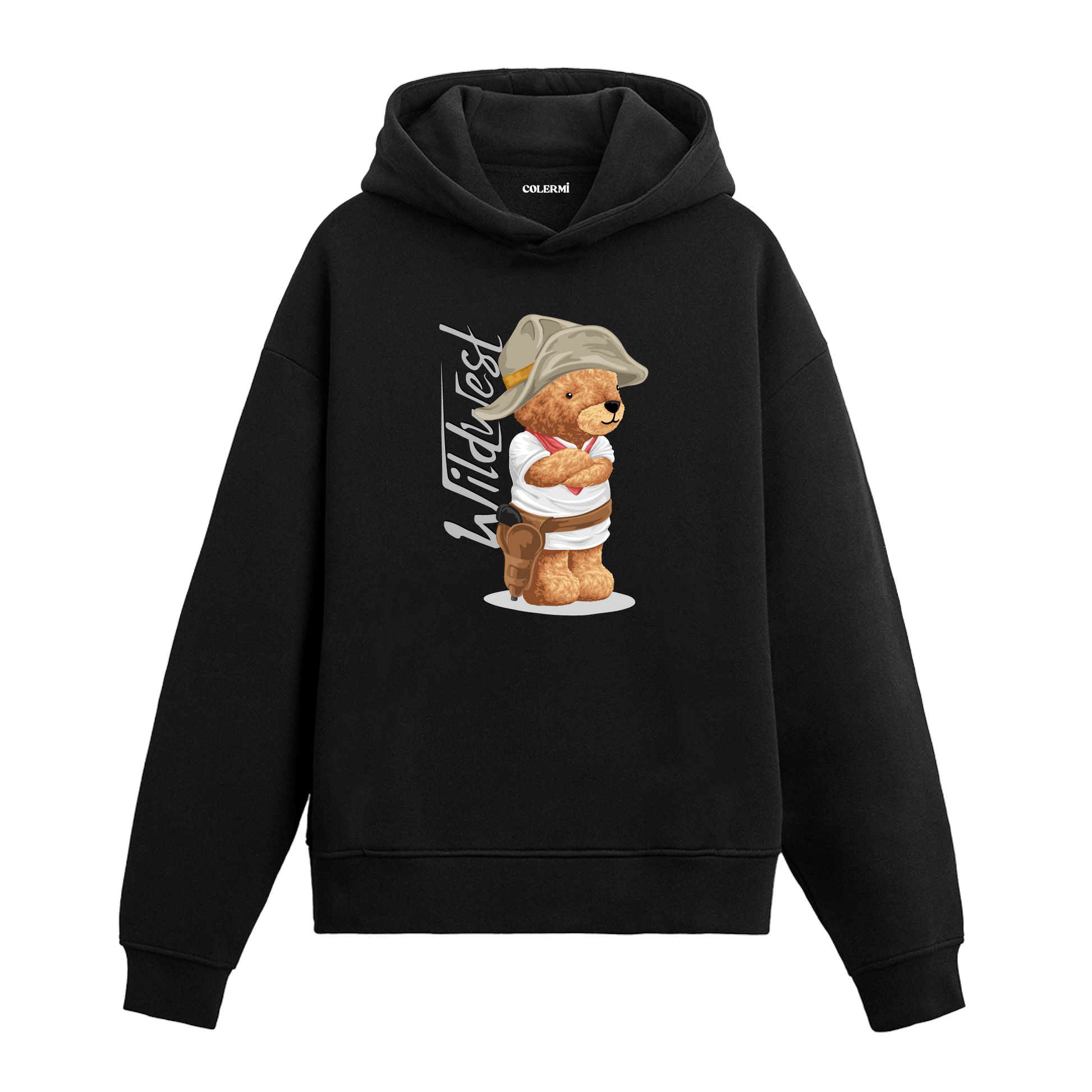 Geniş şapkalı, belinde silah kılıfı olan western temalı ayıcık baskılı hoodie tasarımı.