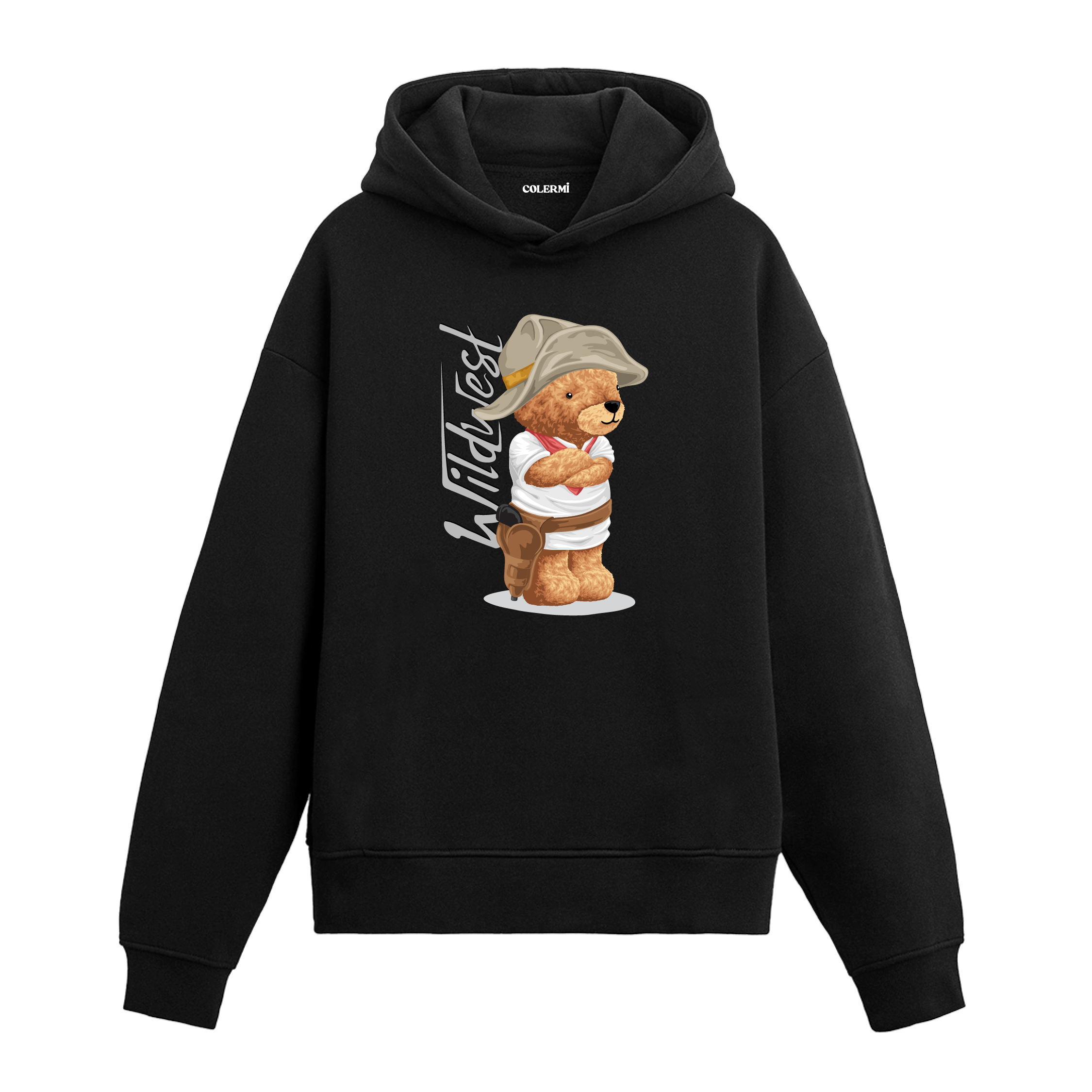 Geniş şapkalı, belinde silah kılıfı olan western temalı ayıcık baskılı hoodie tasarımı.