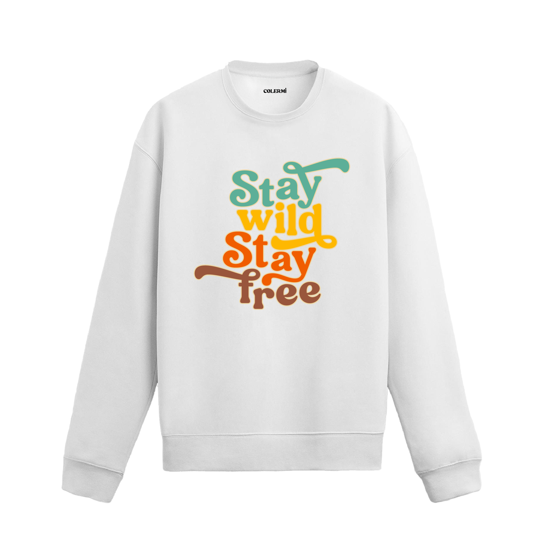 “Vahşi Kal, Özgür Kal” yazılı retro tipografik baskılı siyah sweatshirt