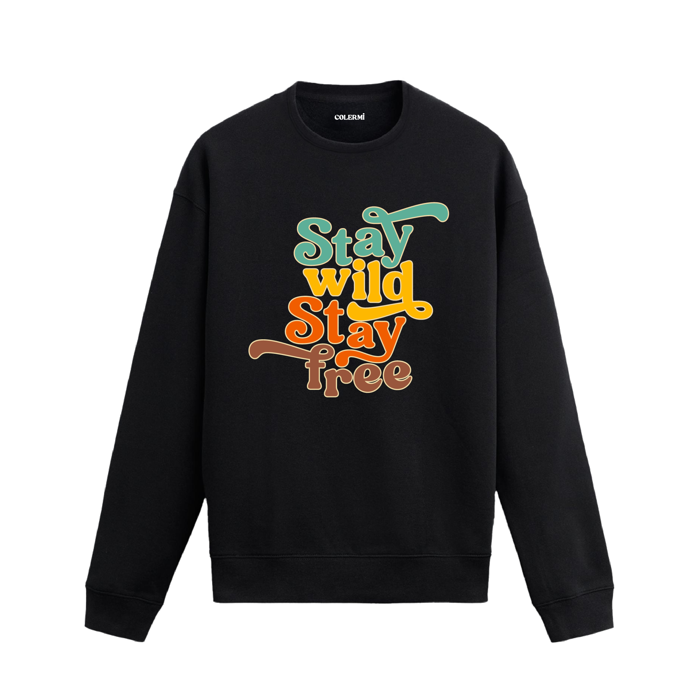 “Vahşi Kal, Özgür Kal” yazılı retro tipografik baskılı siyah sweatshirt