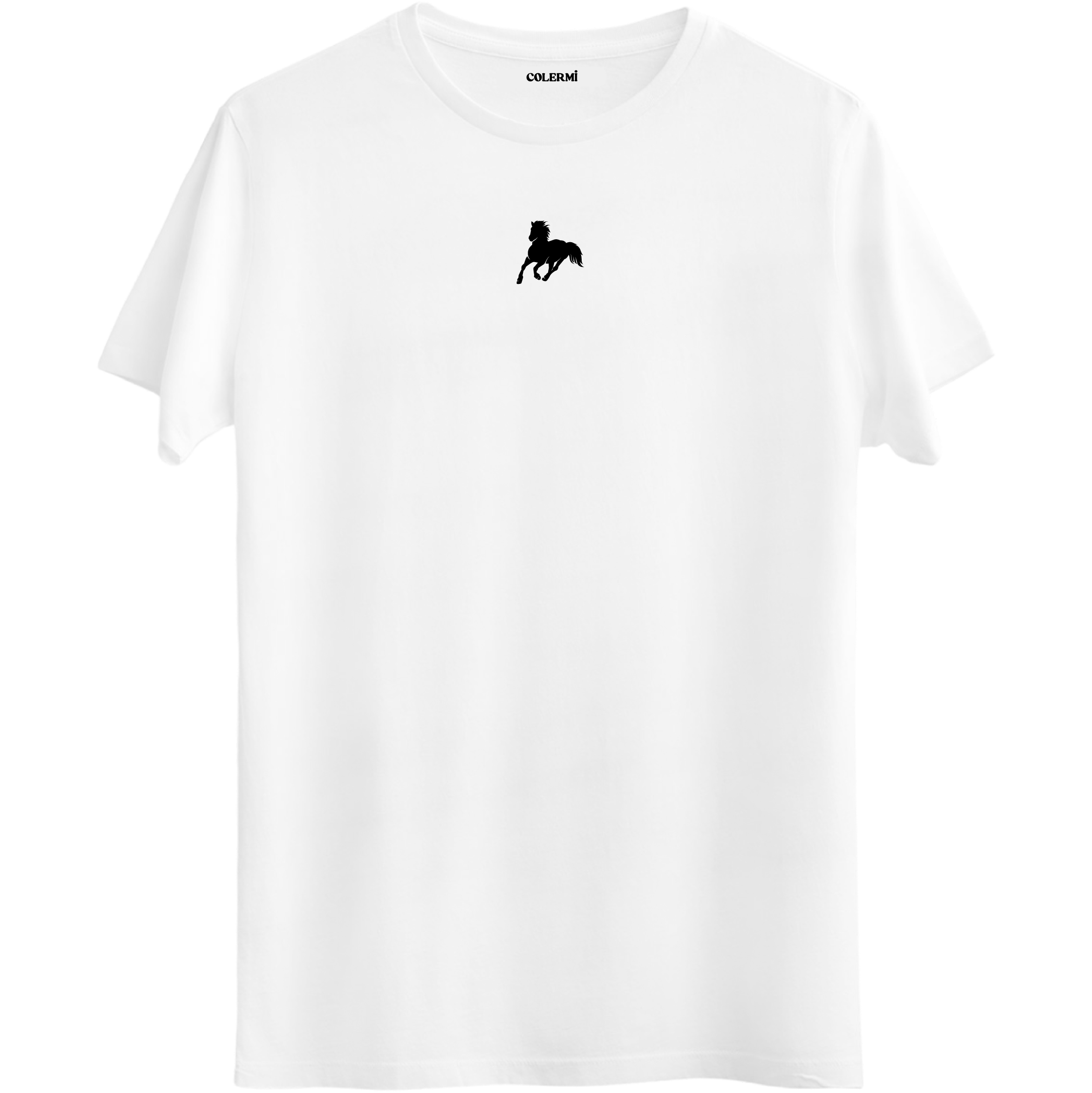 Özgürlüğü ve gücü simgeleyen minimal at tasarımlı beyaz Bisiklet Yaka T-Shirt.