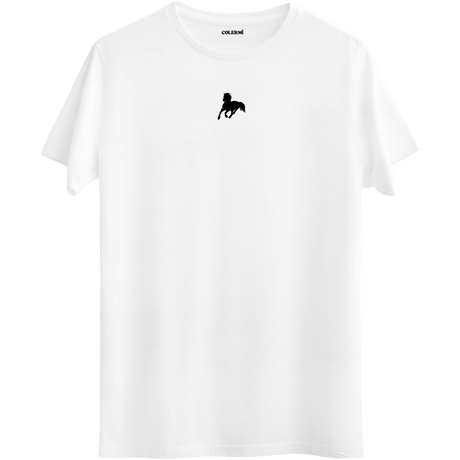 Özgürlüğü ve gücü simgeleyen minimal at tasarımlı beyaz Bisiklet Yaka T-Shirt.