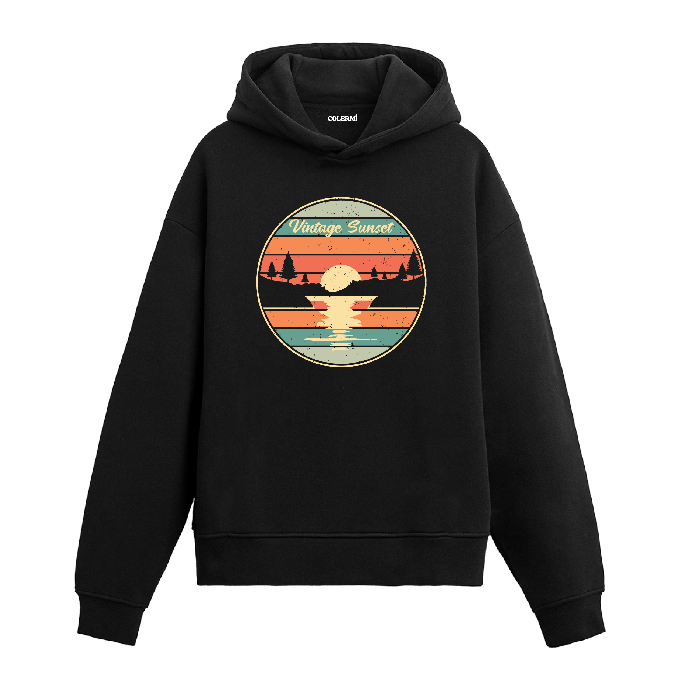 Vintage Sunset baskılı siyah hoodie – retro tarzda gün batımı manzaralı tasarım