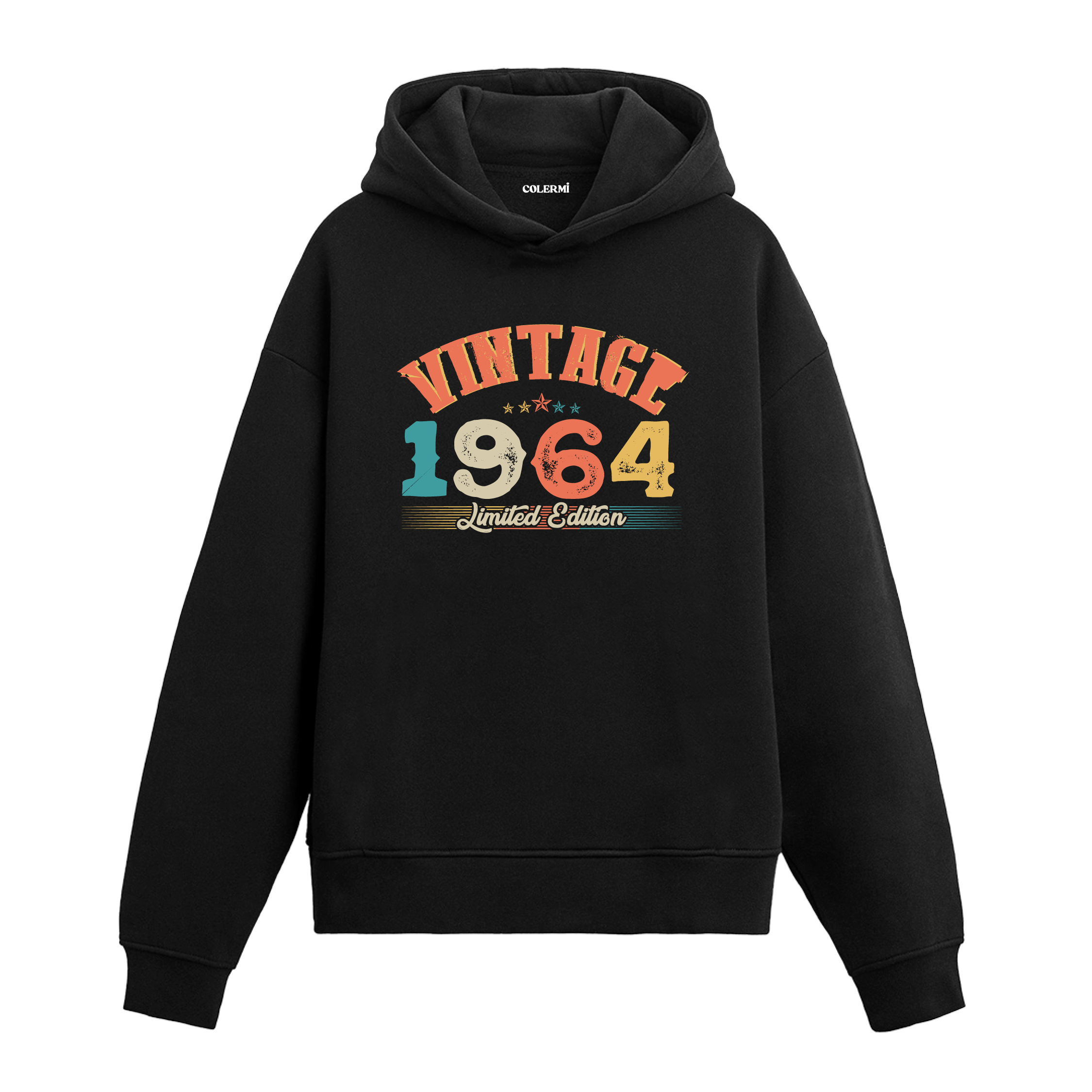 Siyah kapüşonlu hoodie üzerinde retro tarzda "Vintage 1964 Limited Edition" baskılı tasarım.