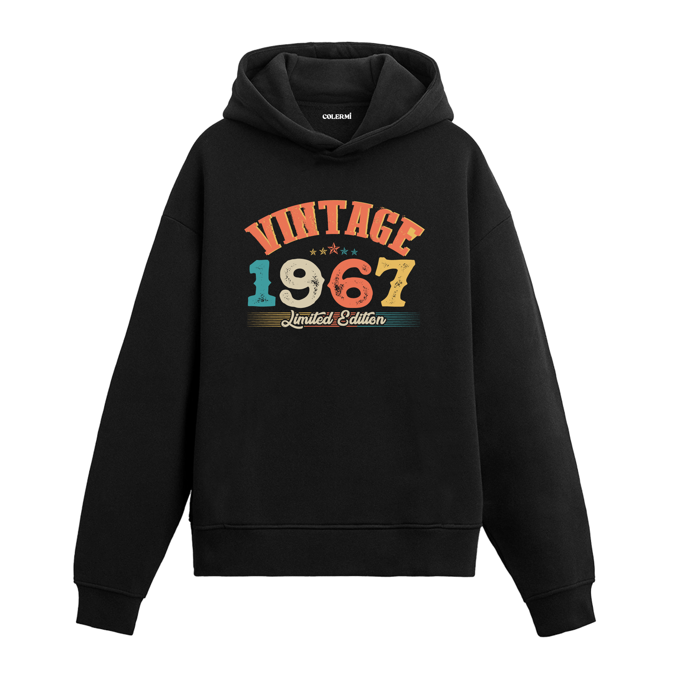 Siyah kapüşonlu hoodie üzerinde retro tarzda "Vintage 1967 Limited Edition" baskılı tasarım.